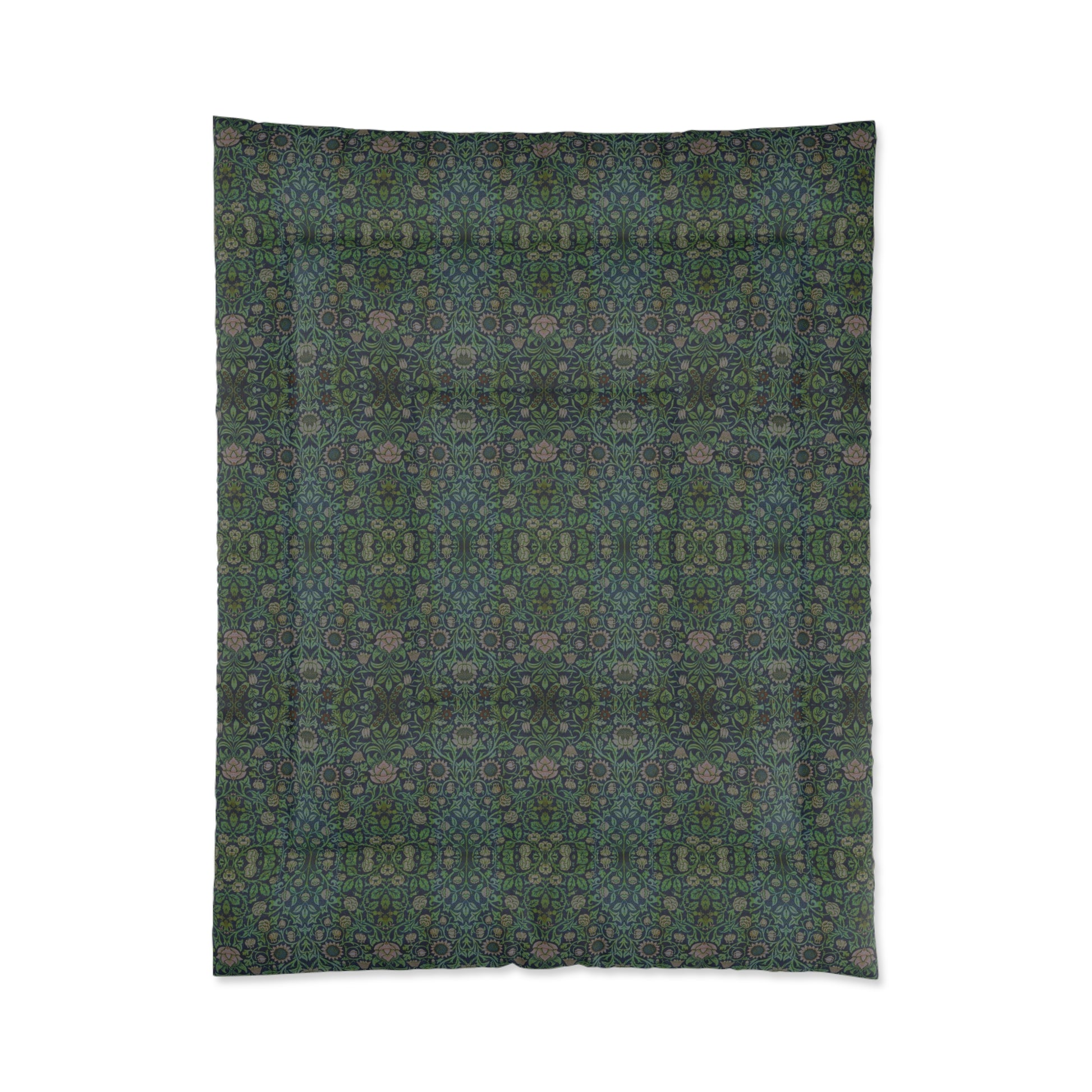 A green microfiber comforter with a floral pattern inspired by William Morris - Violet & Columbine Collection.