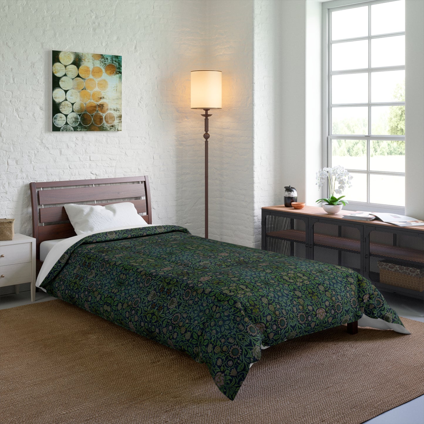 A green microfiber comforter with a floral pattern inspired by William Morris - Violet & Columbine Collection.