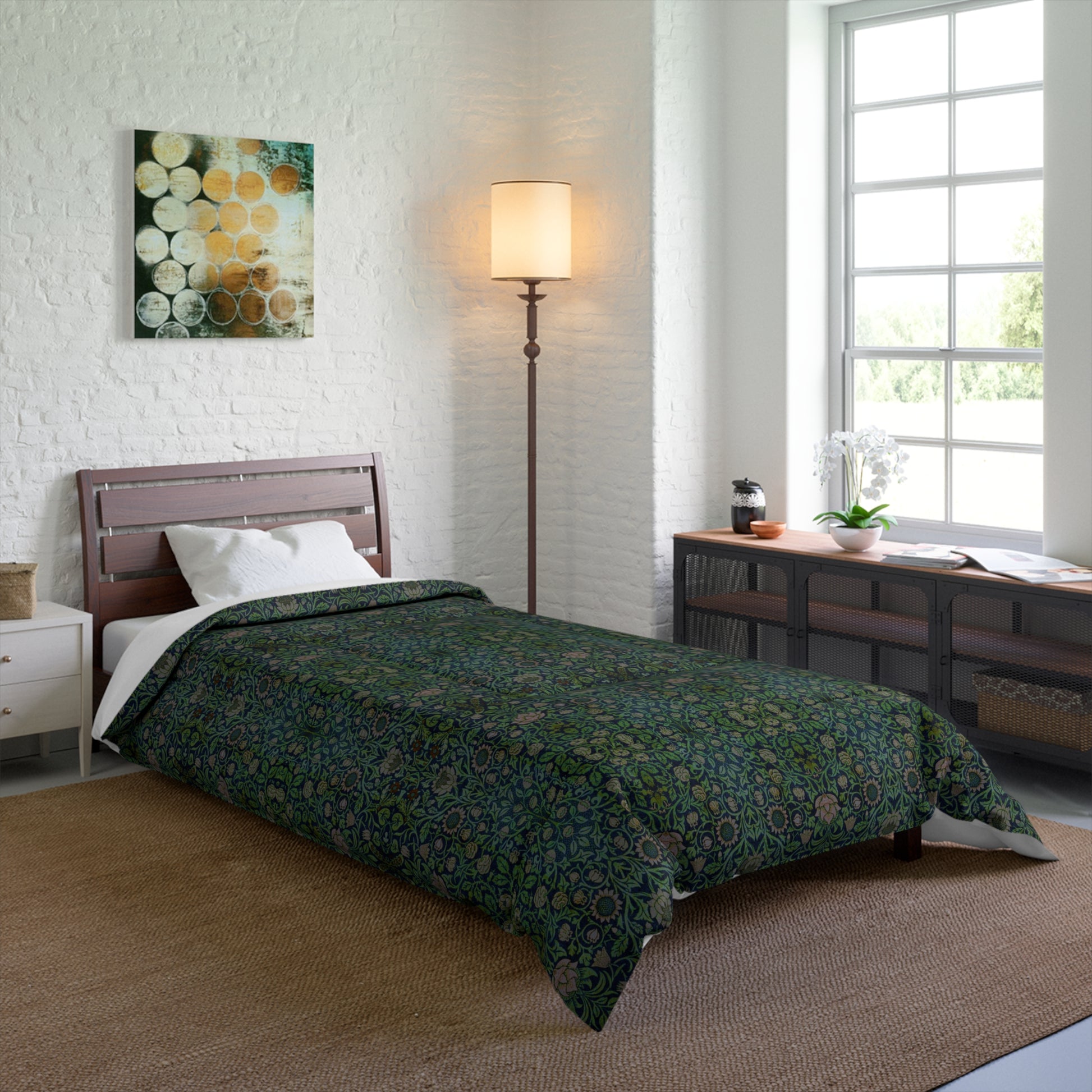 A green microfiber comforter with a floral pattern inspired by William Morris - Violet & Columbine Collection.