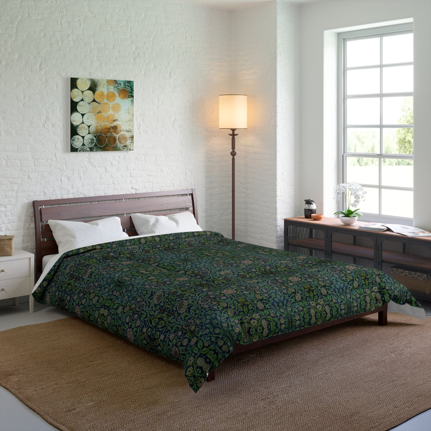 A green microfiber comforter with a floral pattern inspired by William Morris - Violet & Columbine Collection.