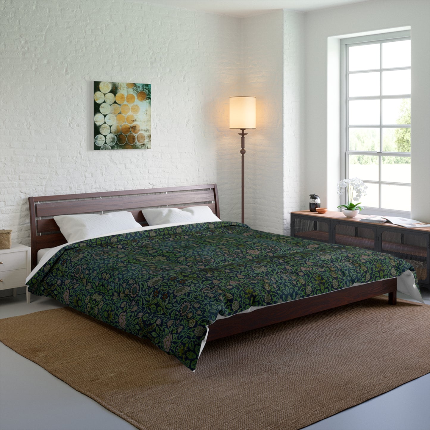 A green microfiber comforter with a floral pattern inspired by William Morris - Violet & Columbine Collection.