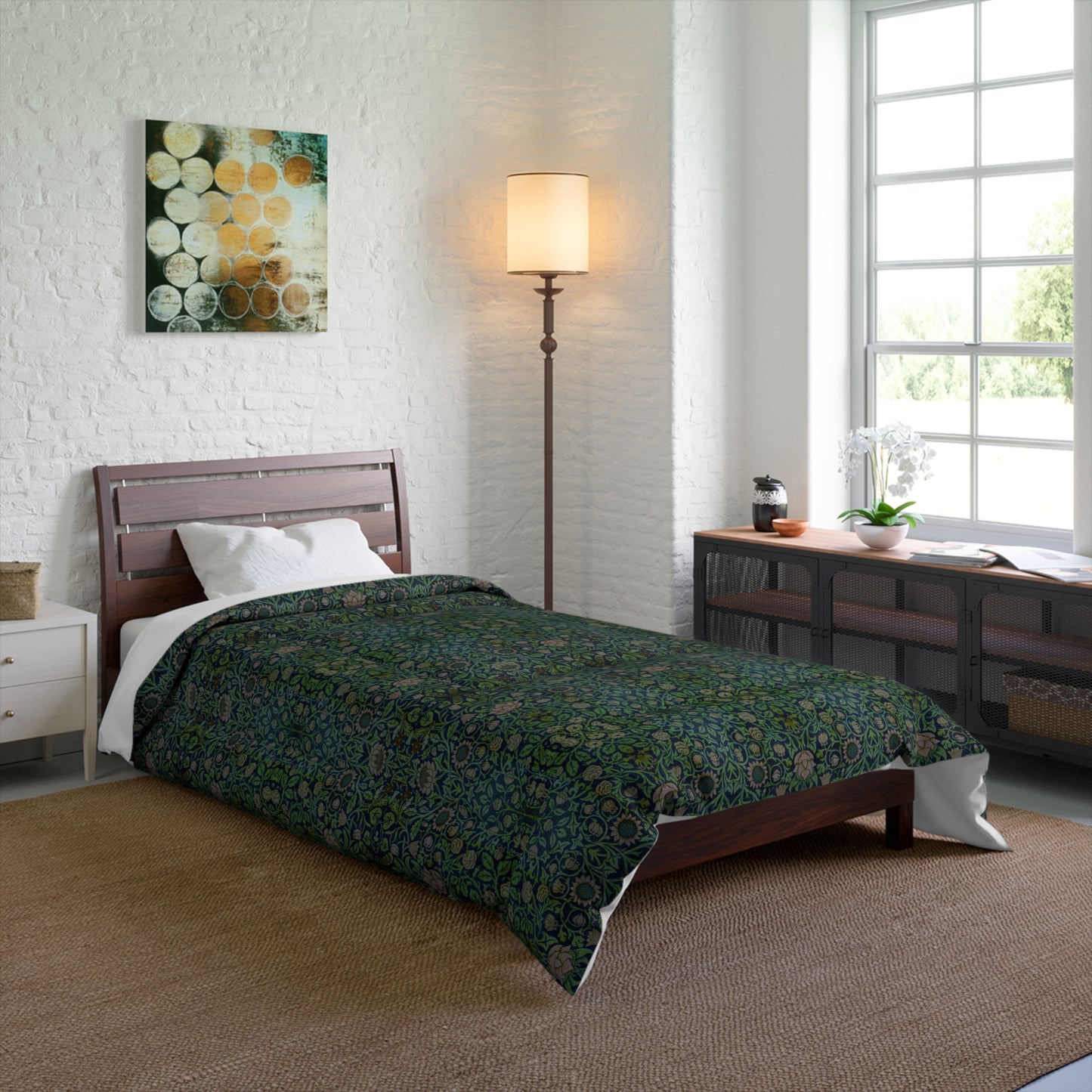 A green microfiber comforter with a floral pattern inspired by William Morris - Violet & Columbine Collection.