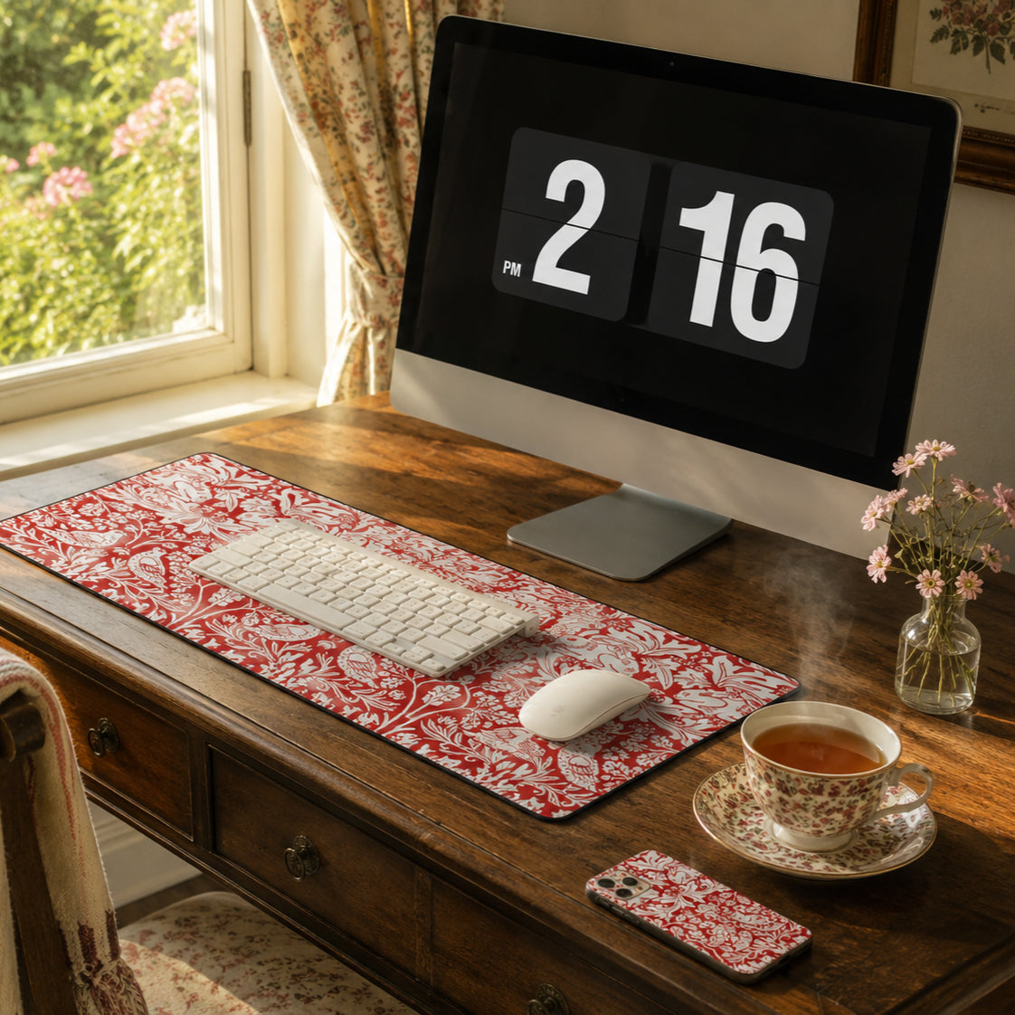 Wooden desk with computer, keyboard, mouse, and tea set near a window.