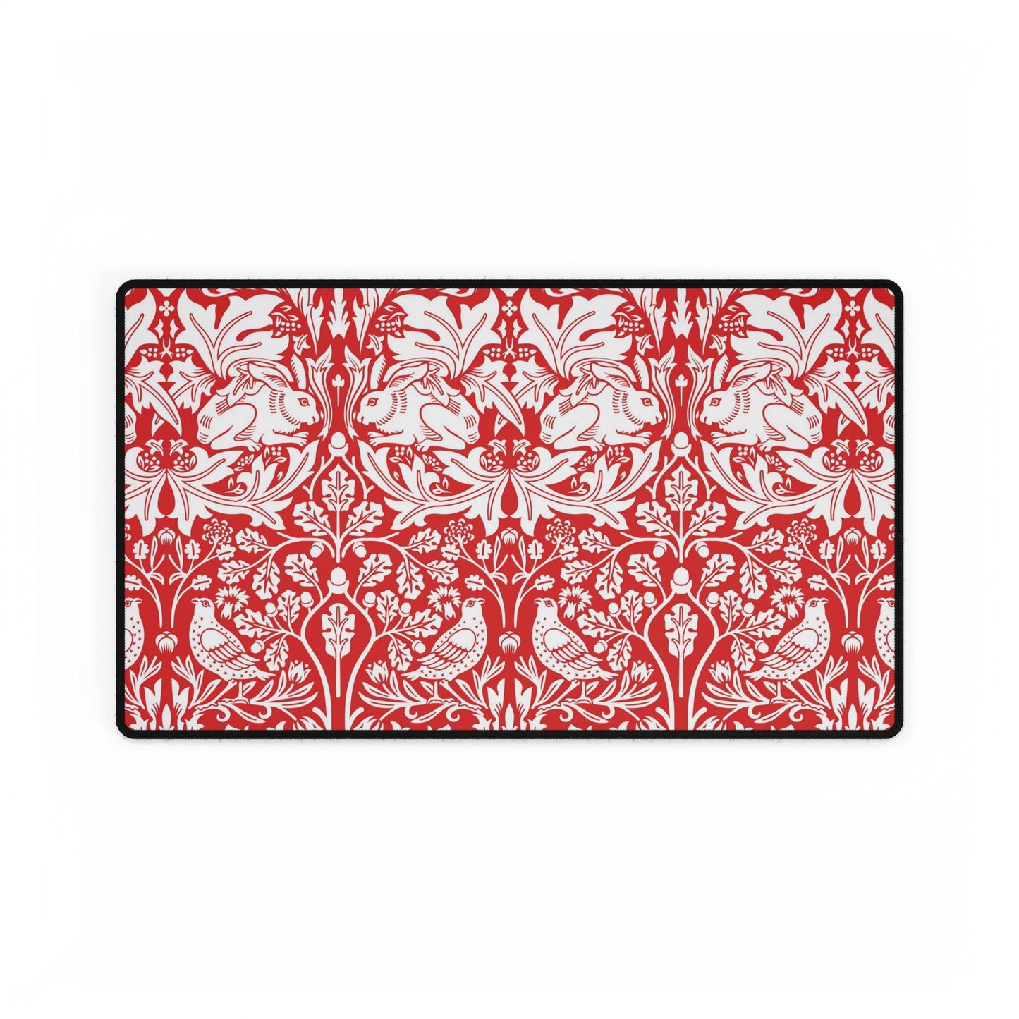 Red and white floral and animal patterned mouse pad with black border