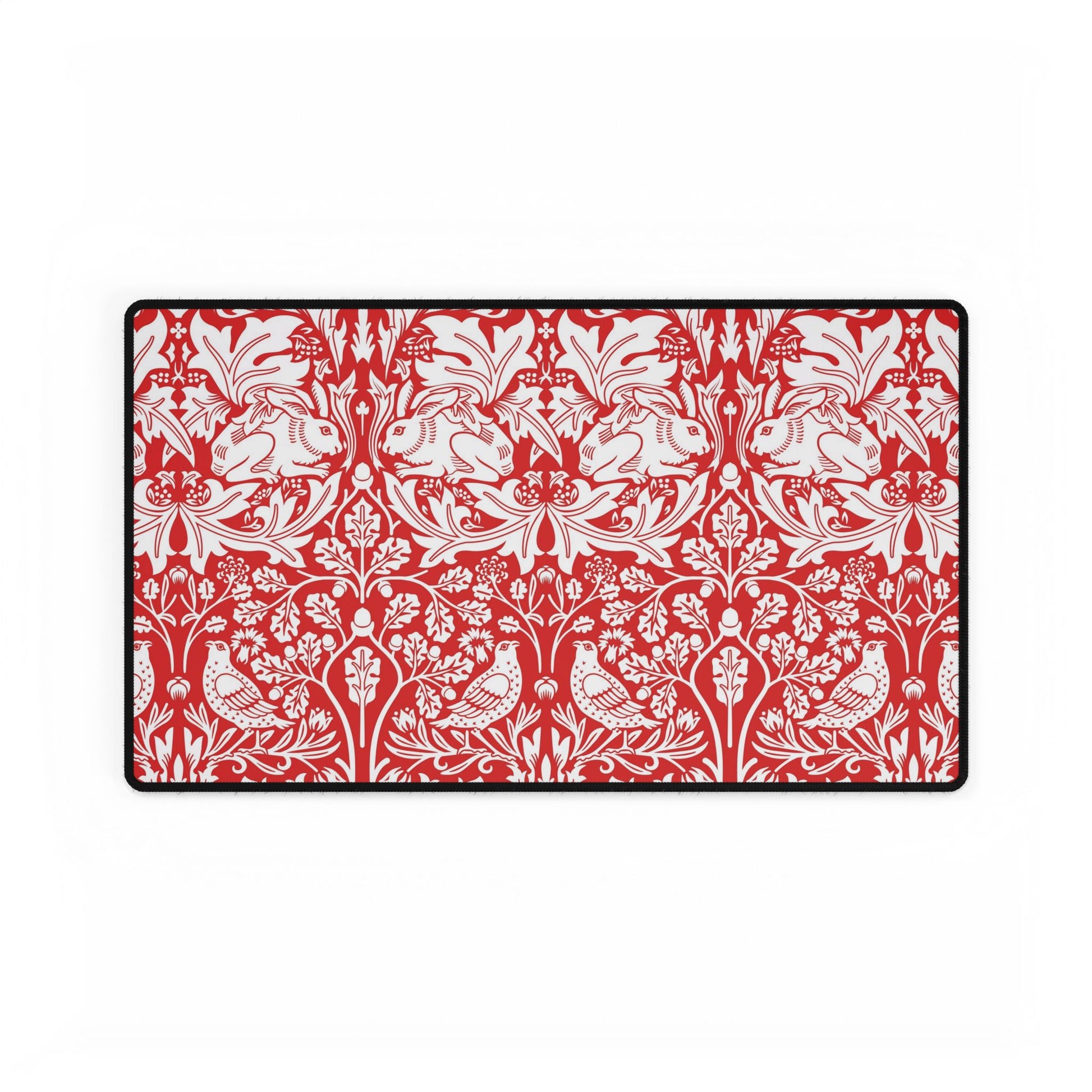 Red and white floral and animal patterned mouse pad with black border