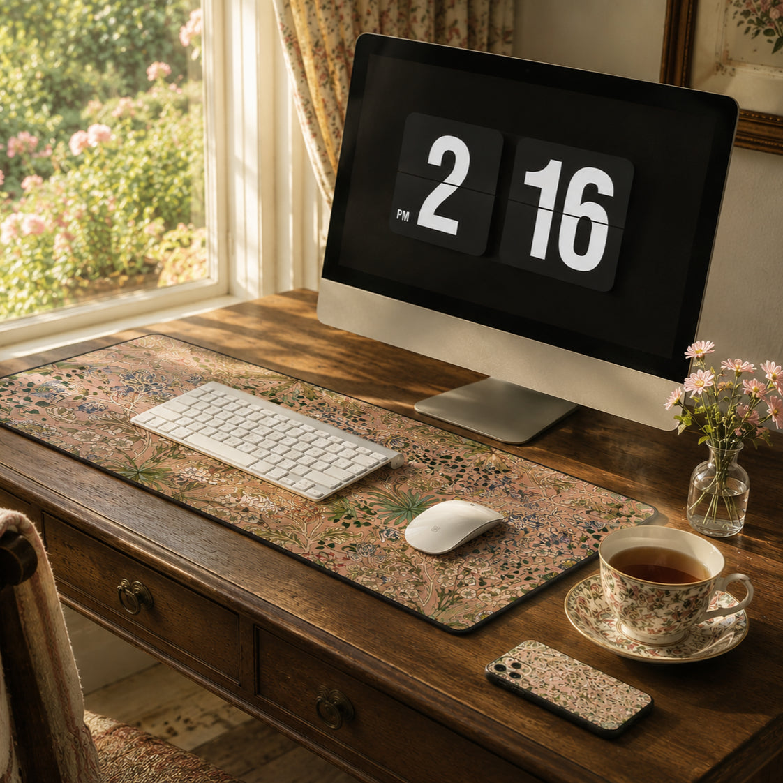 Wooden desk with computer setup, including a monitor displaying '2 16', keyboard, mouse, and a cup of tea.