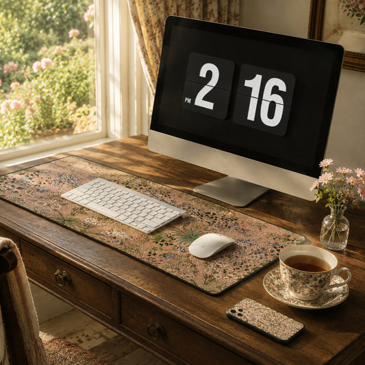 Wooden desk with computer setup, including a monitor displaying '2 16', keyboard, mouse, and a cup of tea.