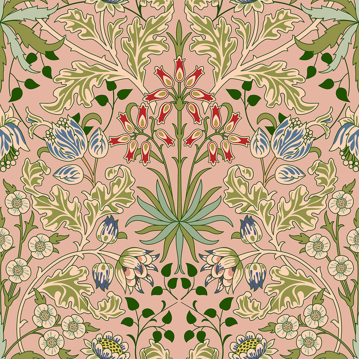 Decorative floral pattern with green, red, and blue flowers on a pink background