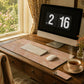 A large rectangular desk mat with a pink floral damask pattern is styled on a dark wood desk. The desk setup includes a computer monitor, keyboard, mouse, a smartphone, and a cup of tea, with a window showing green garden foliage in the background.