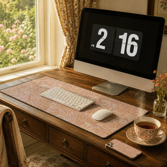 A large rectangular desk mat with a pink floral damask pattern is styled on a dark wood desk. The desk setup includes a computer monitor, keyboard, mouse, a smartphone, and a cup of tea, with a window showing green garden foliage in the background.