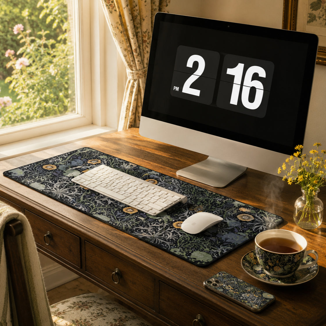 A large dark blue and black patterned desk mat with a keyboard and mouse sits on a wooden desk in a styled home office setup. An iMac displays the time, with a keyboard, mouse, a cup of tea, and a small vase of yellow flowers nearby.