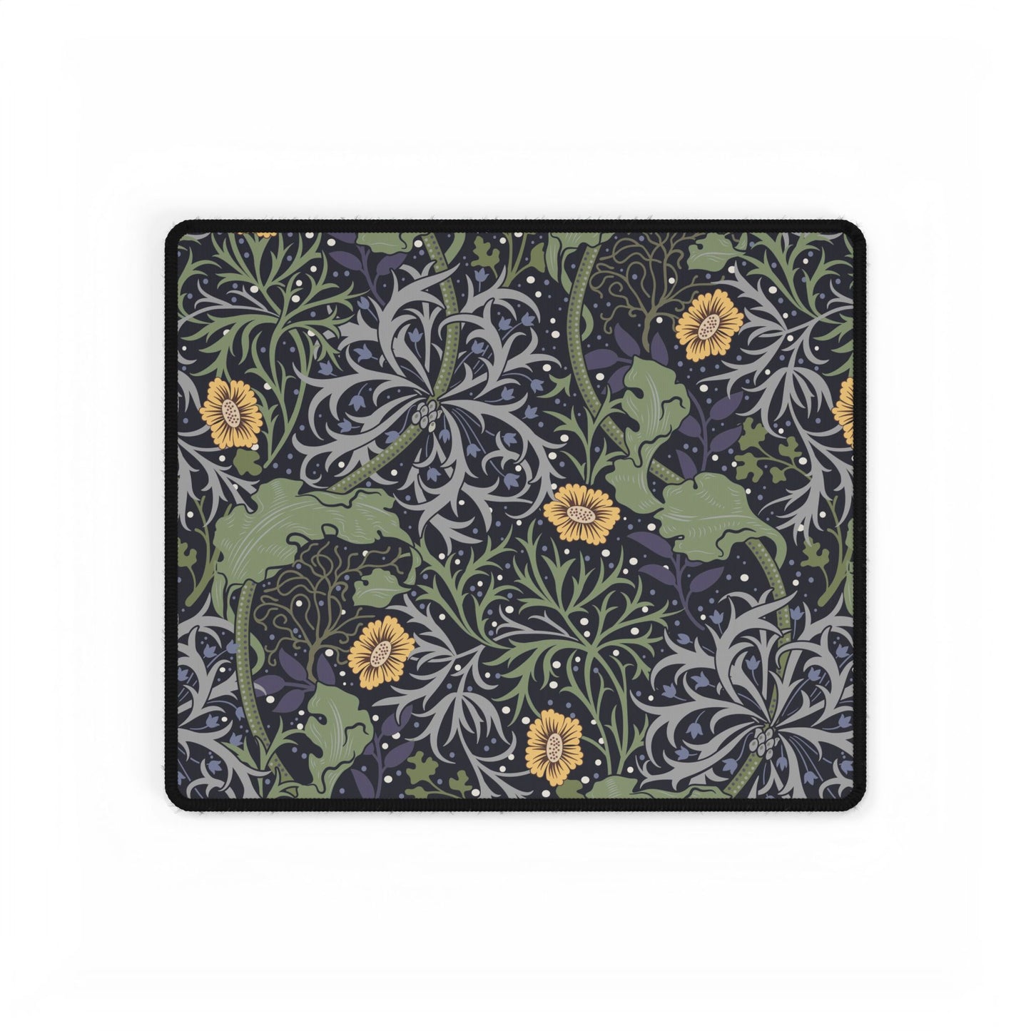 Decorative mouse pad with nature-themed design featuring green leaves, gray patterns, and yellow flowers on a black background.