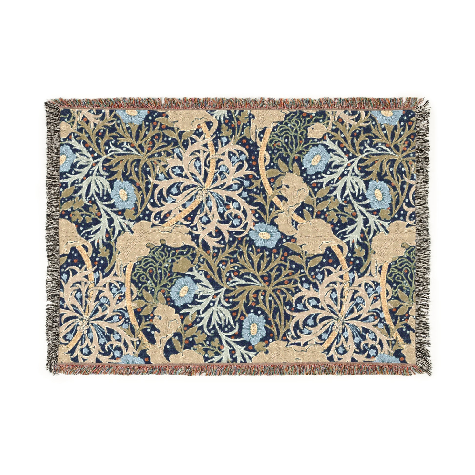A floral woven blanket in a William Morris & Co pattern with fringed edges displayed on a neutral background.