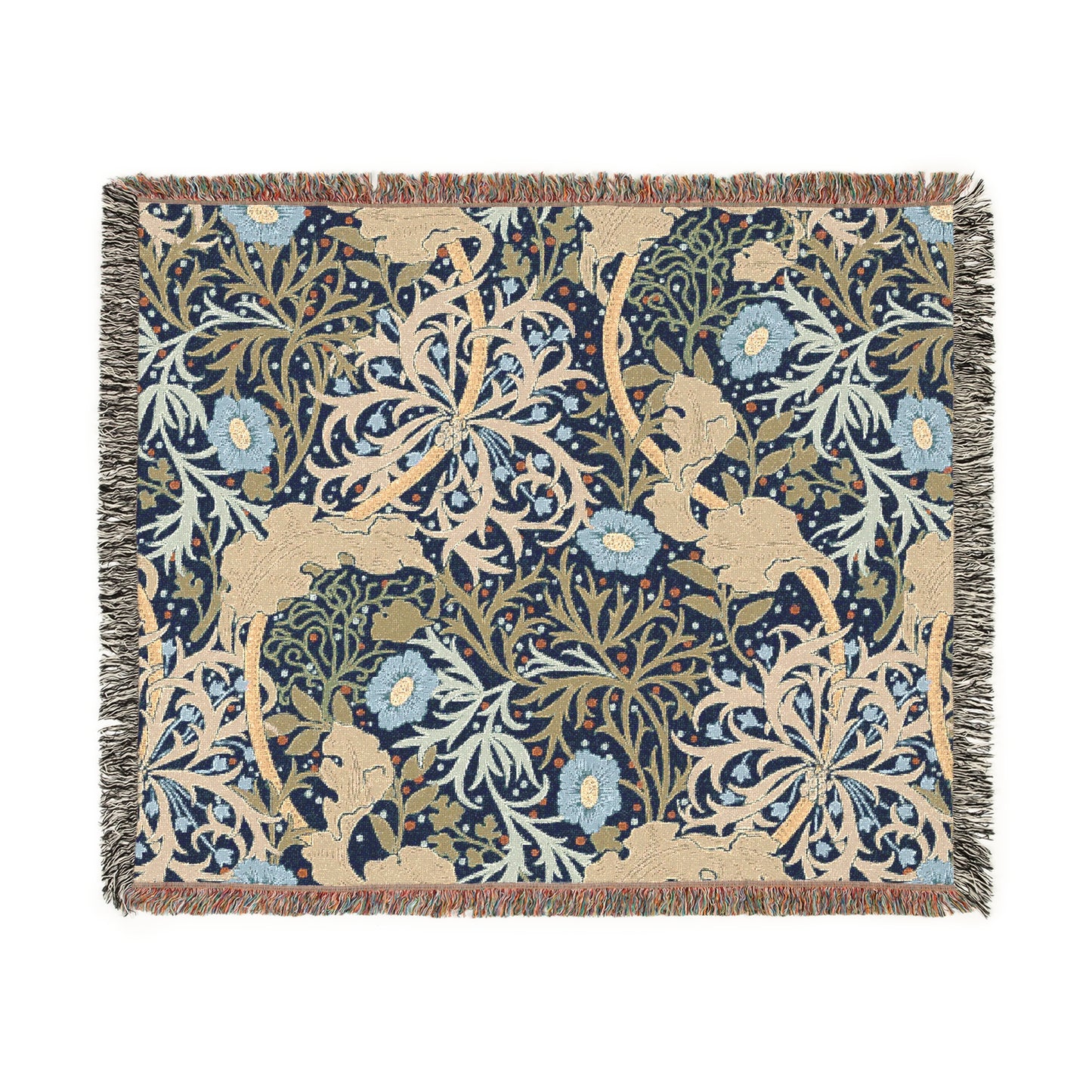 A floral woven blanket with fringed edges displayed on a neutral background.