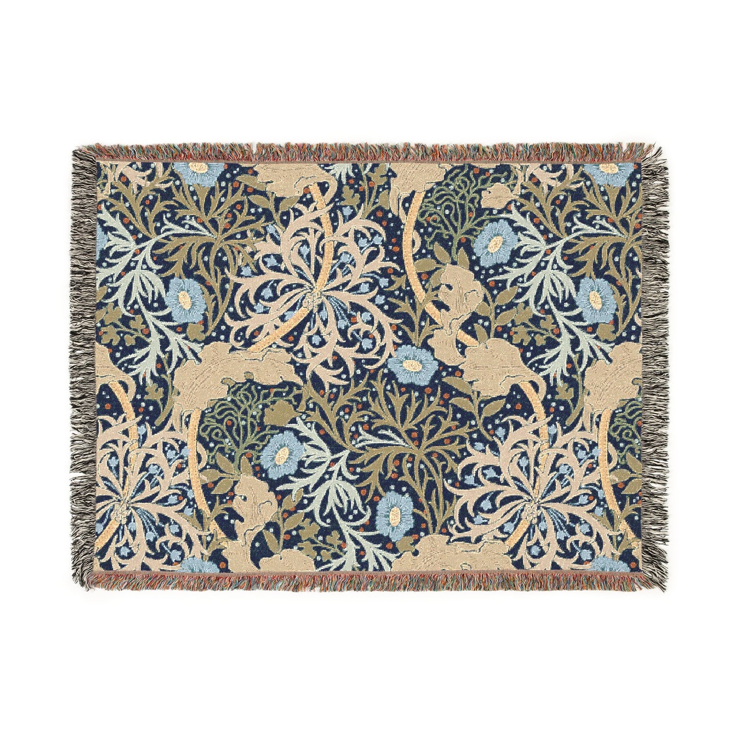 A floral woven blanket with fringed edges displayed on a neutral background.