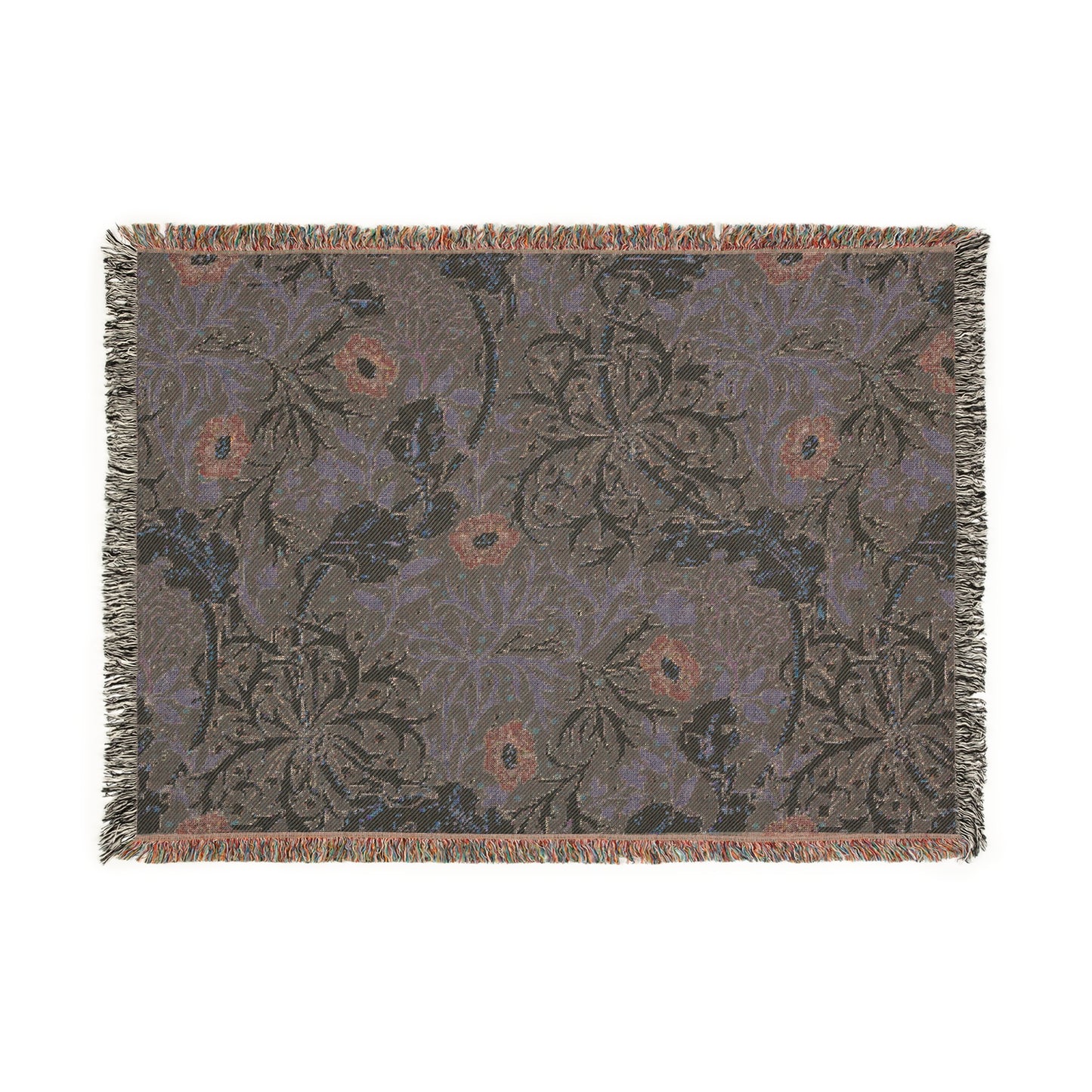 A floral woven blanket in a William Morris & Co pattern with fringed edges displayed on a neutral background.