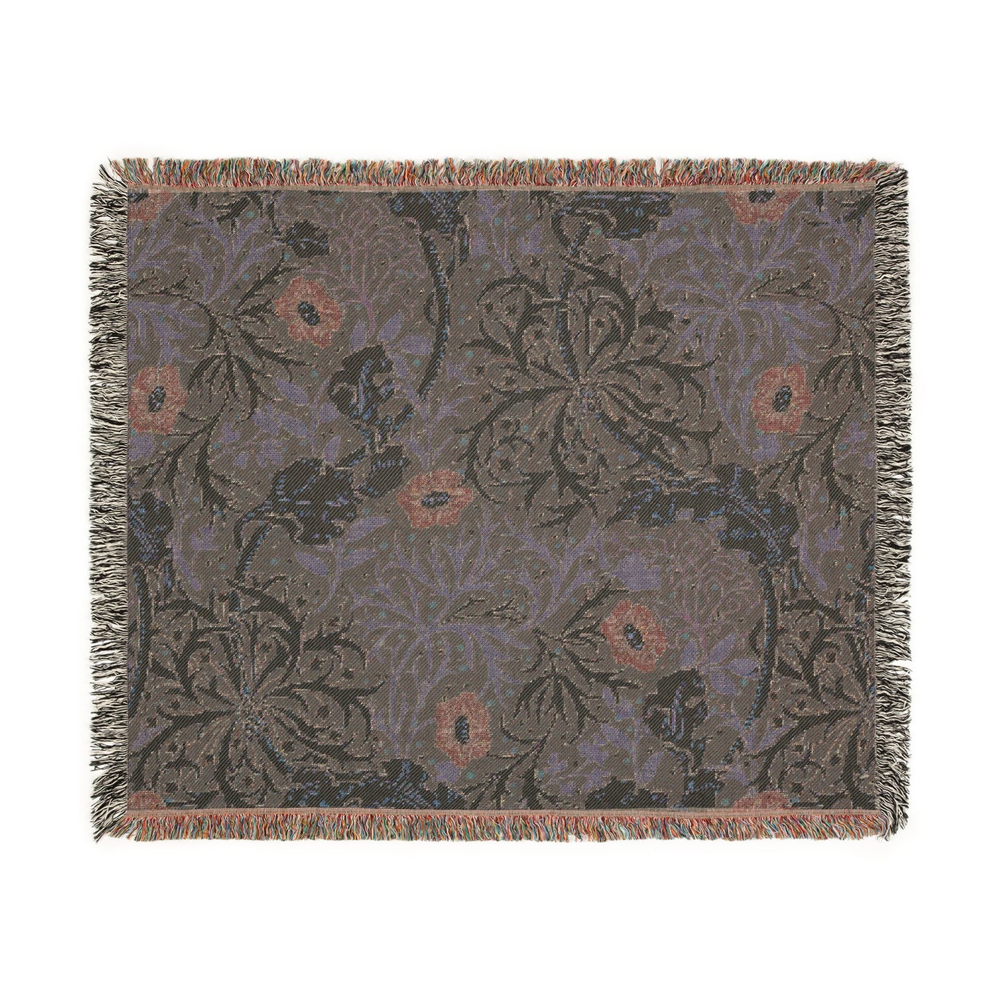 A floral woven blanket in a William Morris & Co pattern with fringed edges displayed on a neutral background.