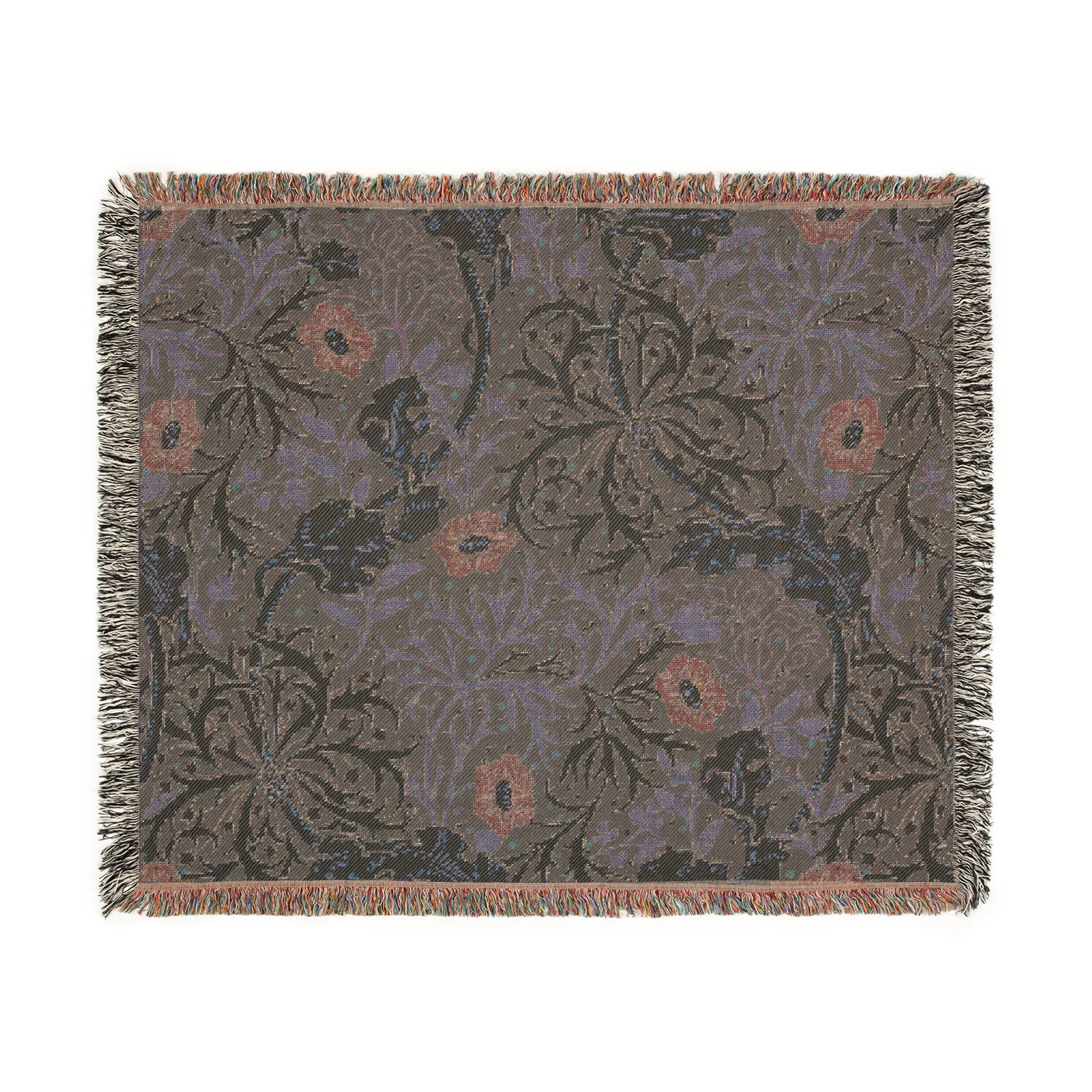A floral woven blanket in a William Morris & Co pattern with fringed edges displayed on a neutral background.