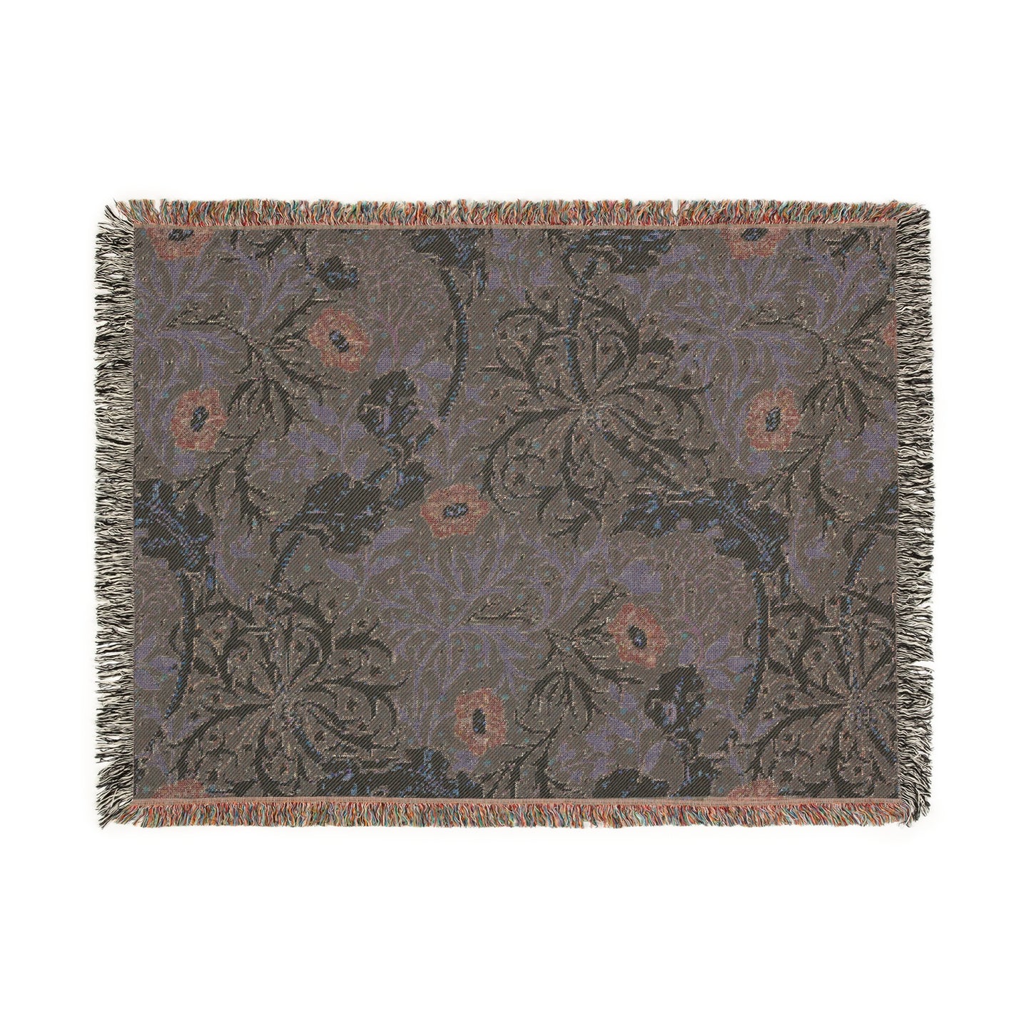 A floral woven blanket in a William Morris & Co pattern with fringed edges displayed on a neutral background.