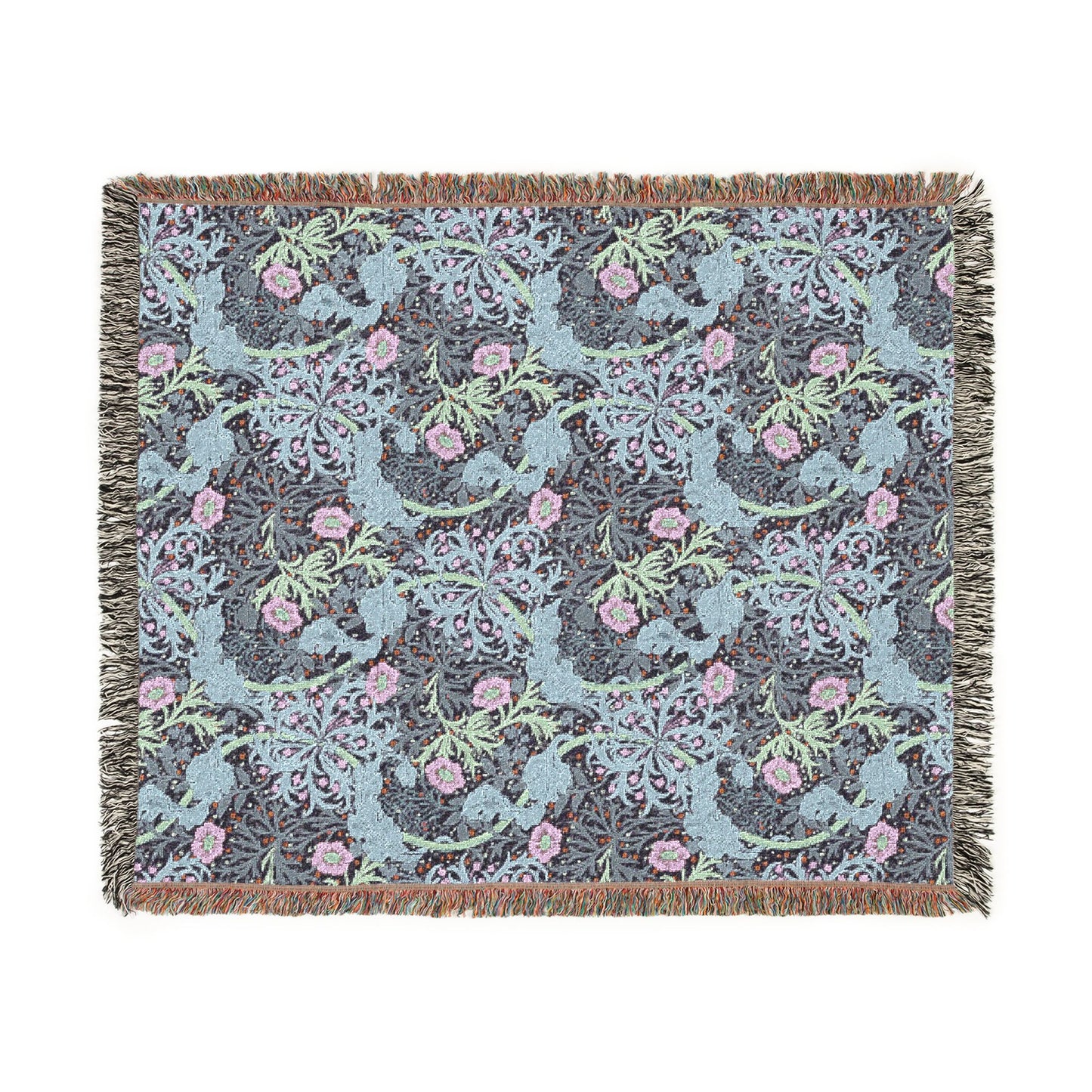 Decorative blanket with floral and bird pattern on a white background