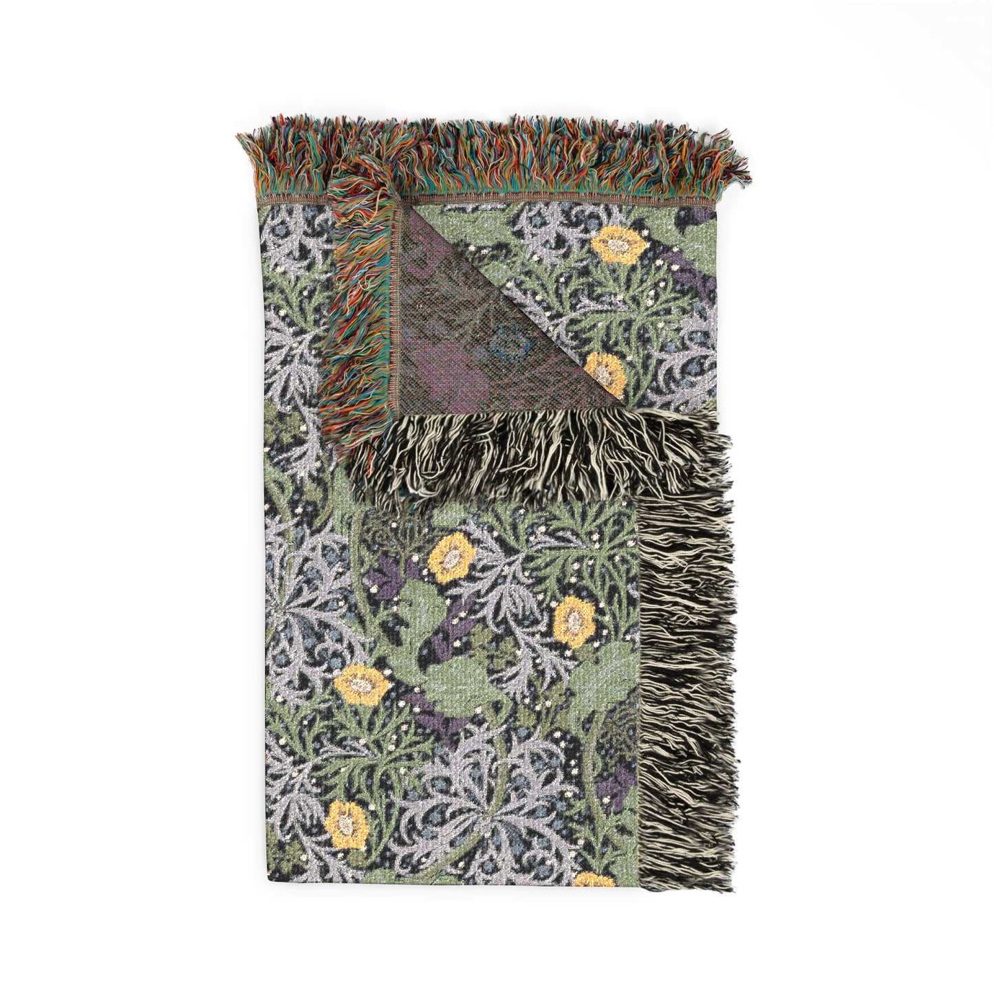 Decorative blanket with floral pattern and fringed edges on a white background