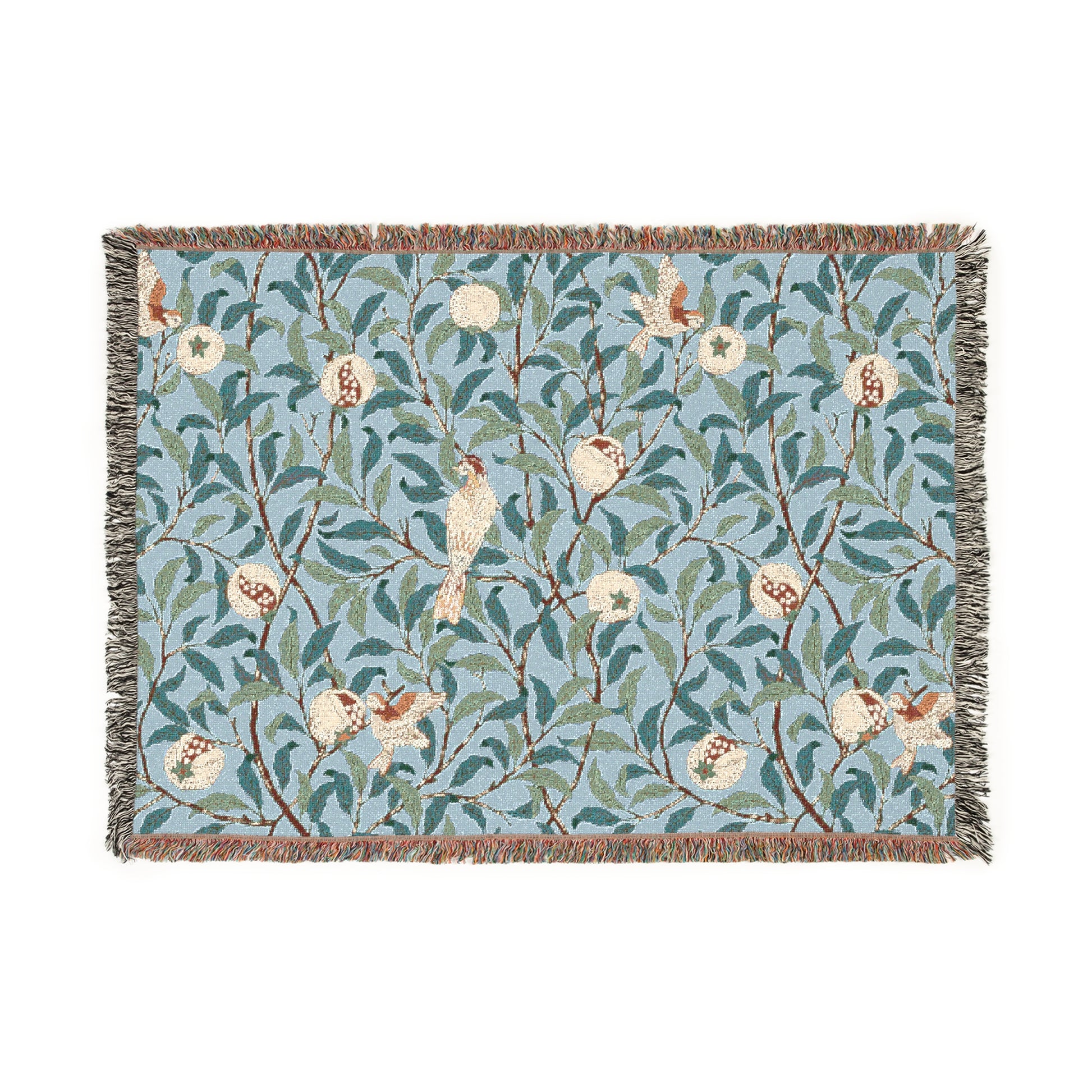 A woven cotton blanket with a bird and pomegranate William Morris & Co pattern in Tiffany Blue colour, featuring a fringe edge.
