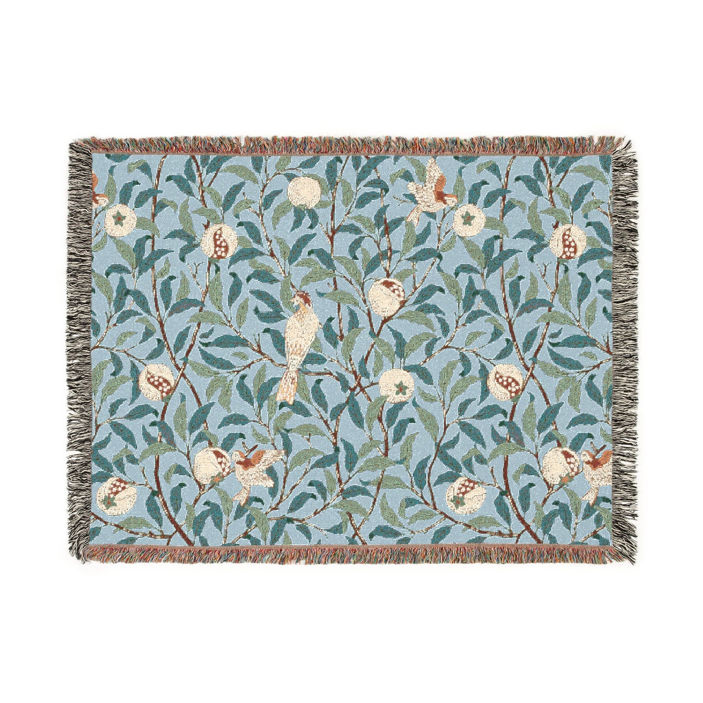 A woven cotton blanket with a bird and pomegranate pattern in Tiffany Blue color, featuring a fringe edge.