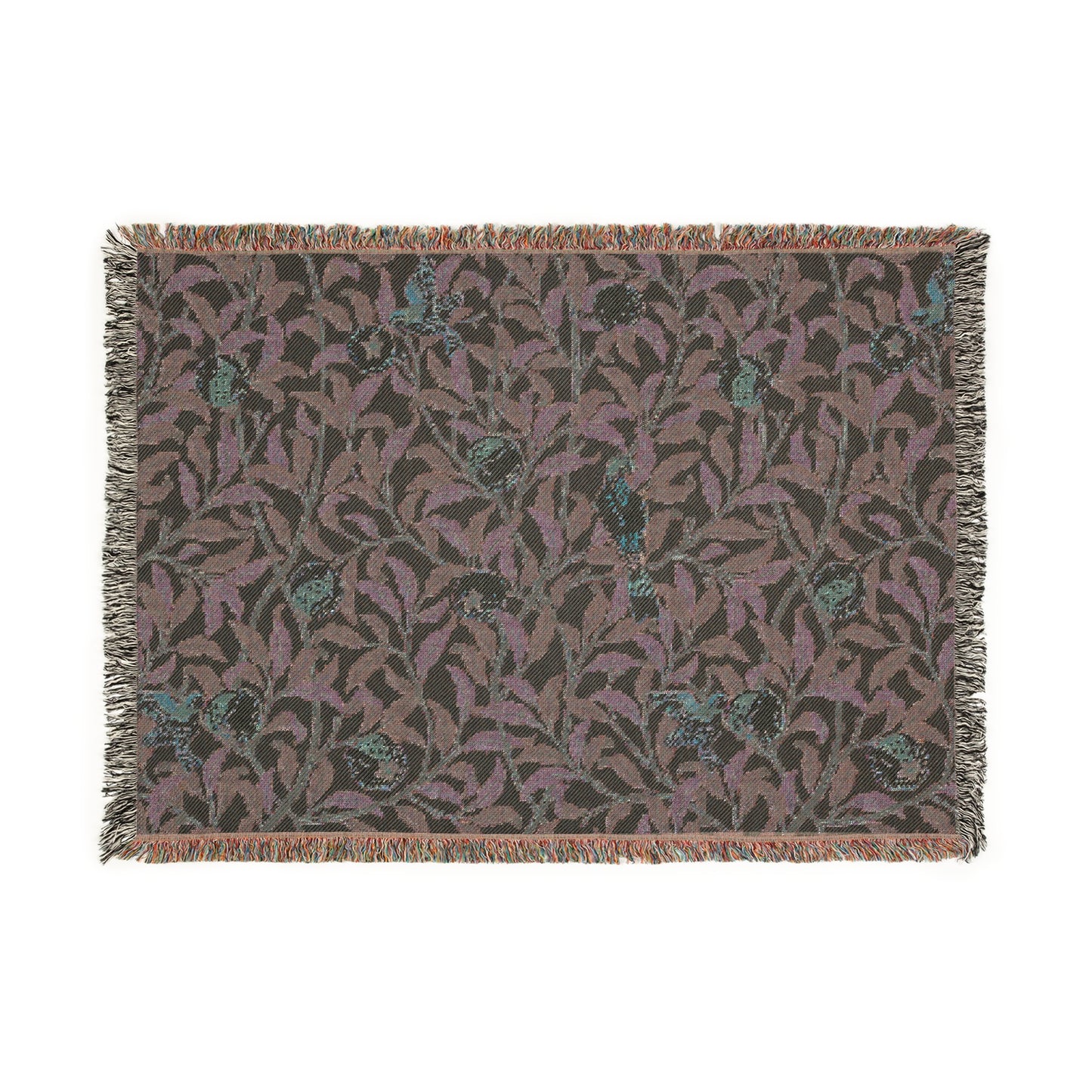 A woven cotton blanket with a bird and pomegranate William Morris & Co pattern in Tiffany Blue colour, featuring a fringe edge.