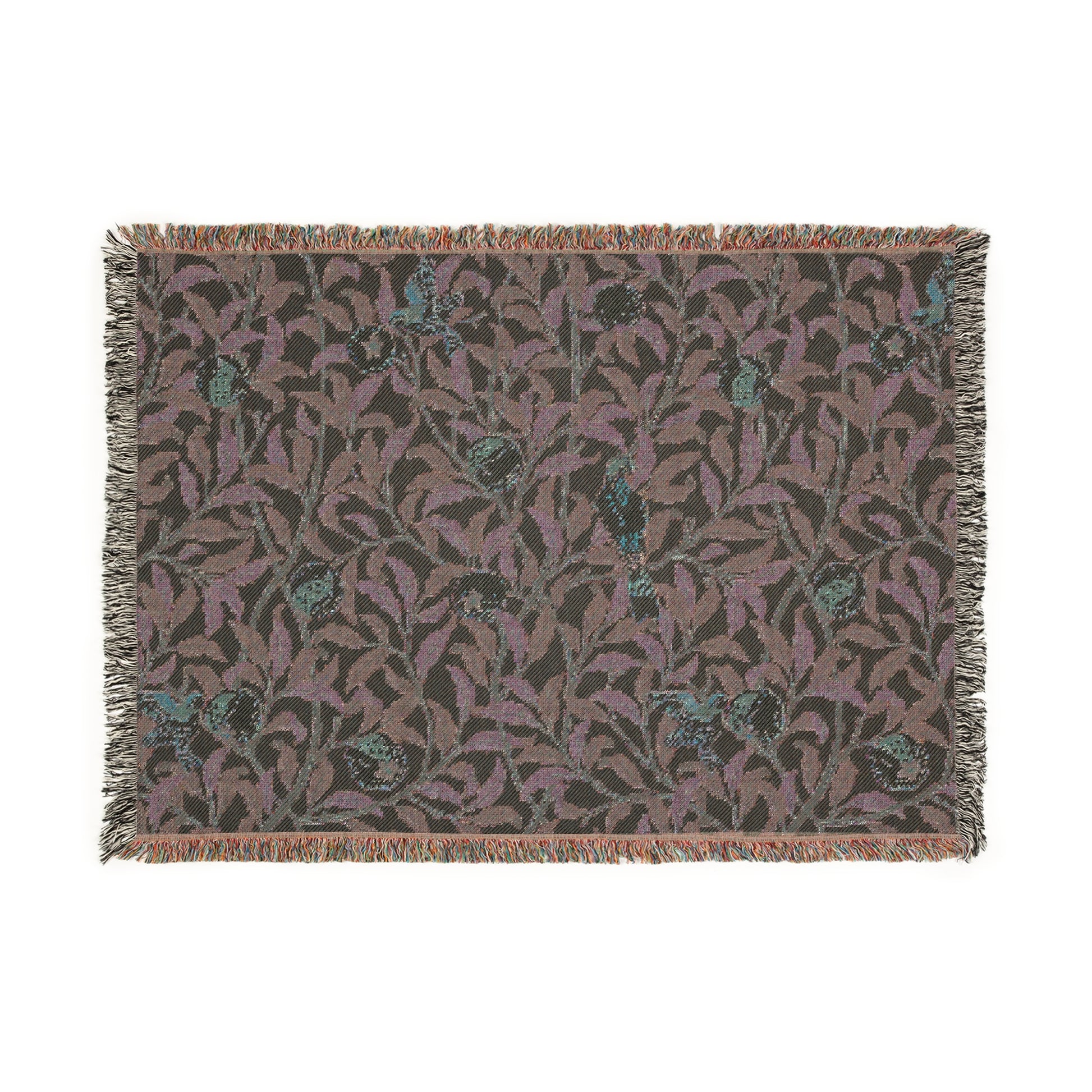 A woven cotton blanket with a bird and pomegranate William Morris & Co pattern in Tiffany Blue colour, featuring a fringe edge.