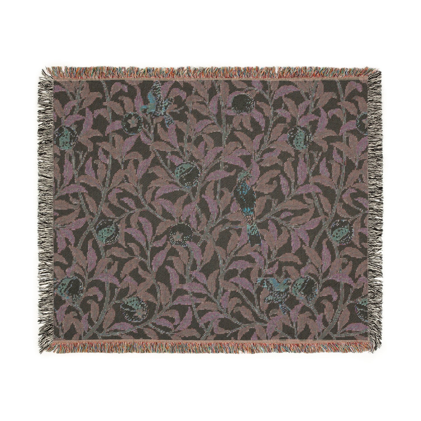 A woven cotton blanket with a bird and pomegranate William Morris & Co pattern in Tiffany Blue colour, featuring a fringe edge.
