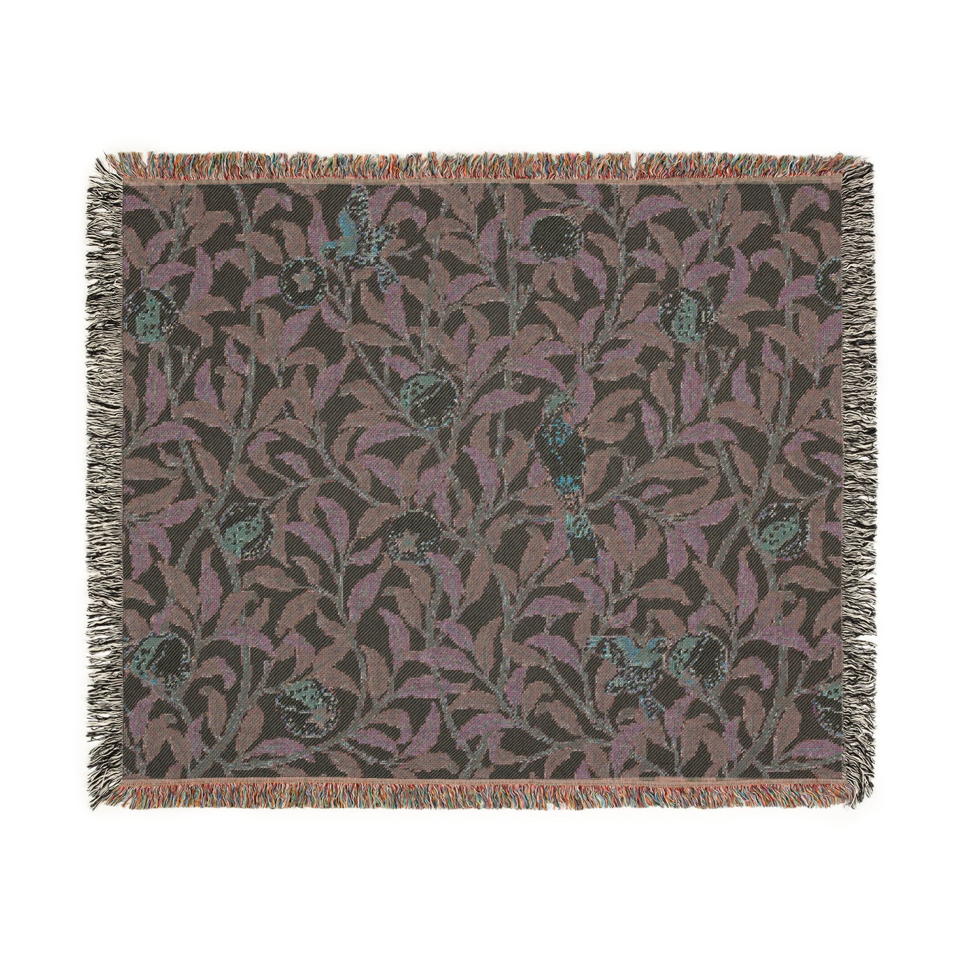 A woven cotton blanket with a bird and pomegranate William Morris & Co pattern in Tiffany Blue colour, featuring a fringe edge.