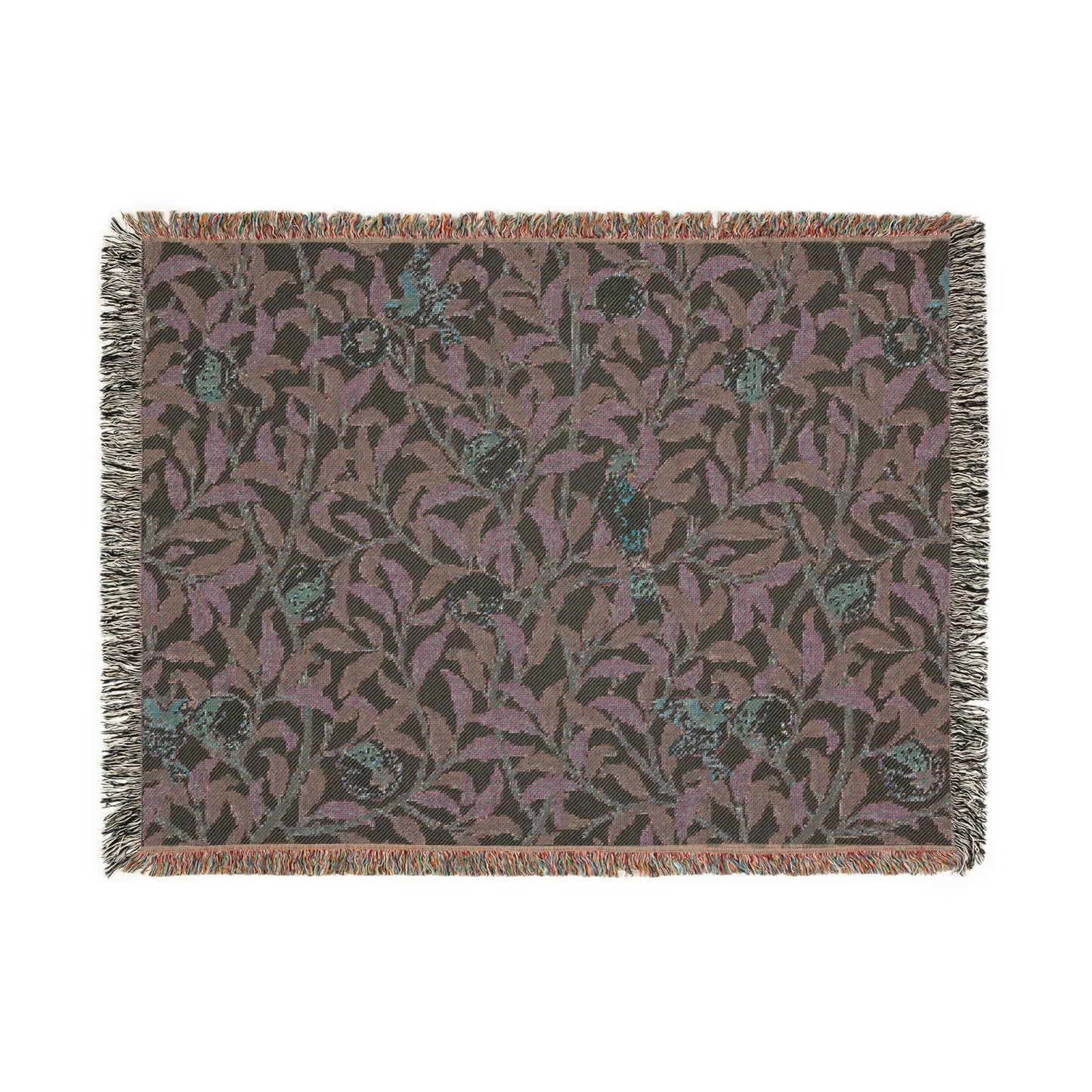 A woven cotton blanket with a bird and pomegranate William Morris & Co pattern in Tiffany Blue colour, featuring a fringe edge.