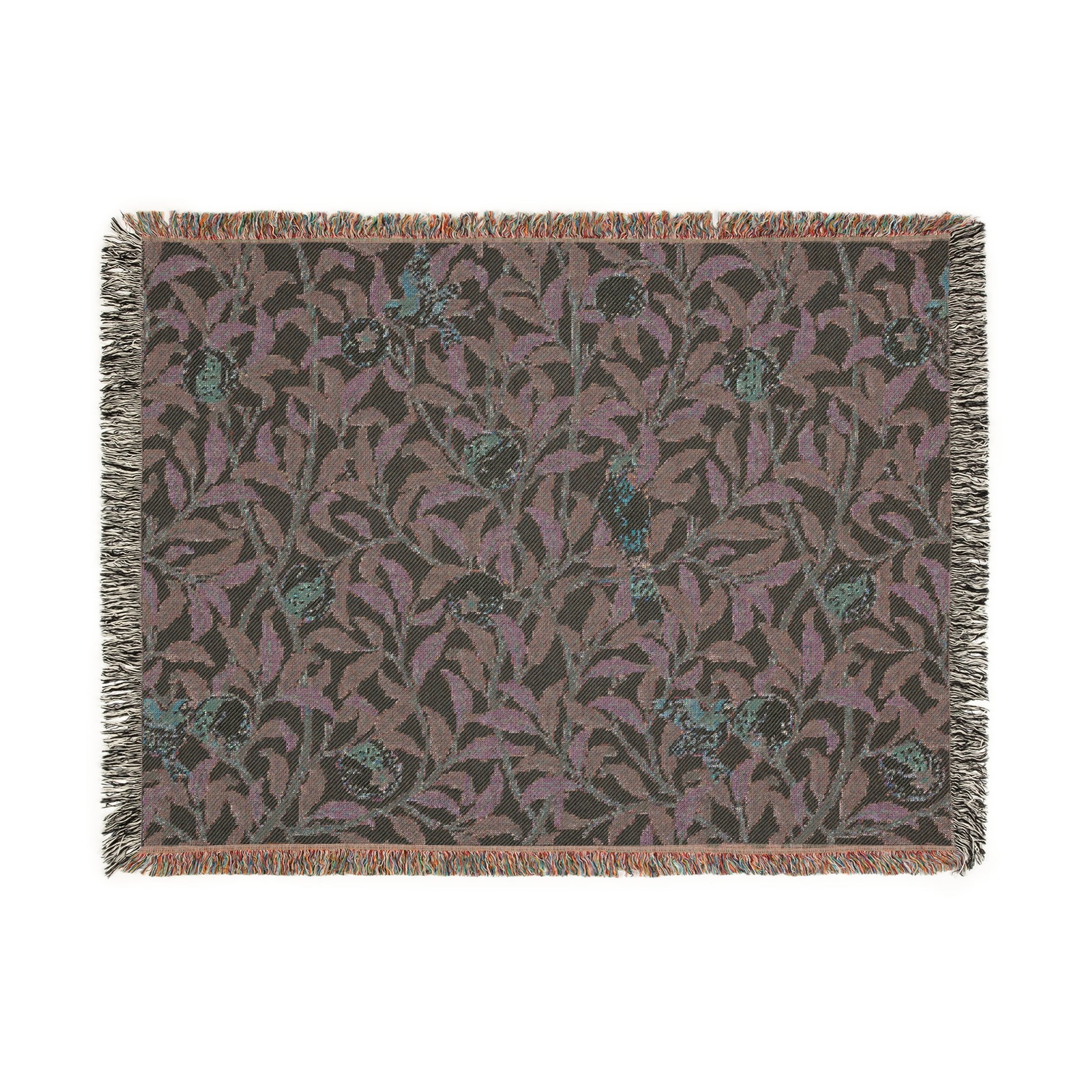 A woven cotton blanket with a bird and pomegranate William Morris & Co pattern in Tiffany Blue colour, featuring a fringe edge.