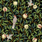 Decorative pattern with birds and leaves on a black background