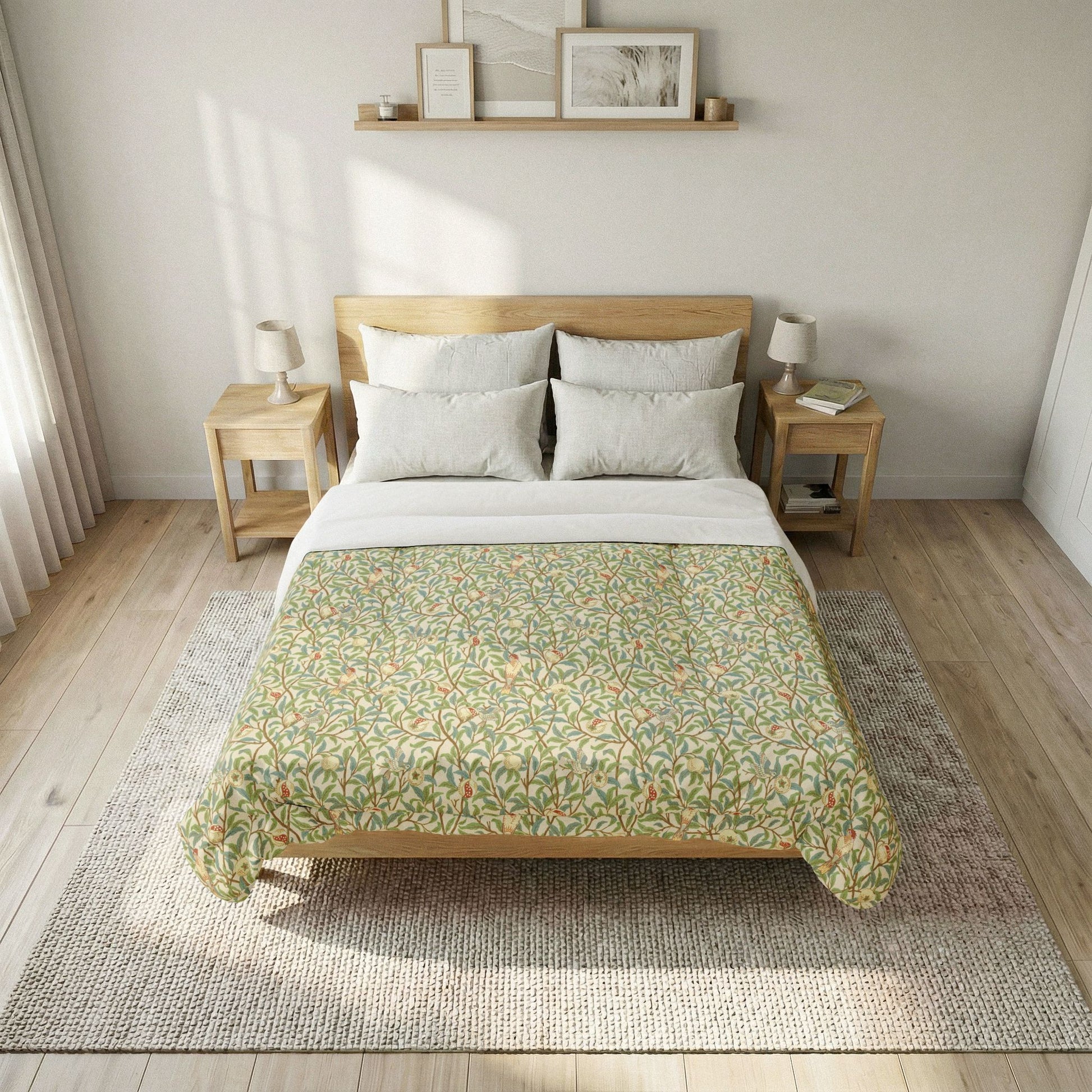 Bedroom with a wooden bed frame, floral comforter, and side tables.