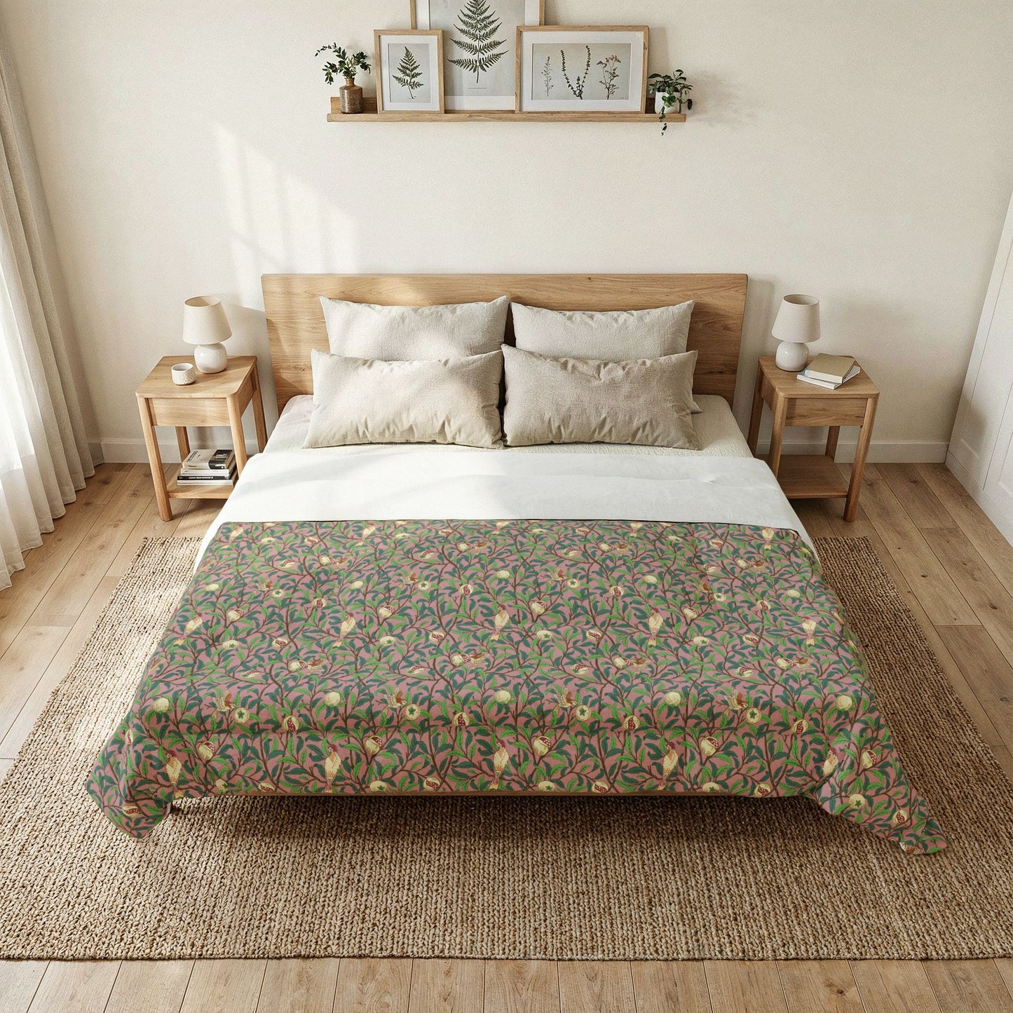 Bedroom with floral-patterned comforter on a bed, wooden headboard, and side tables.
