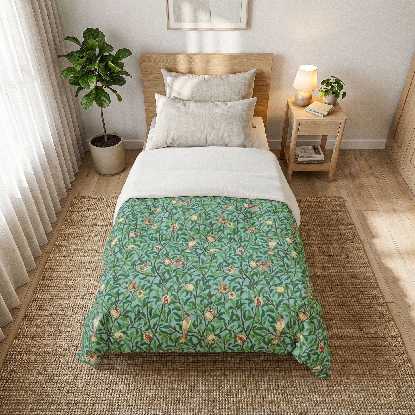 Bedroom with a bed featuring a green floral comforter, nightstand, and plant.