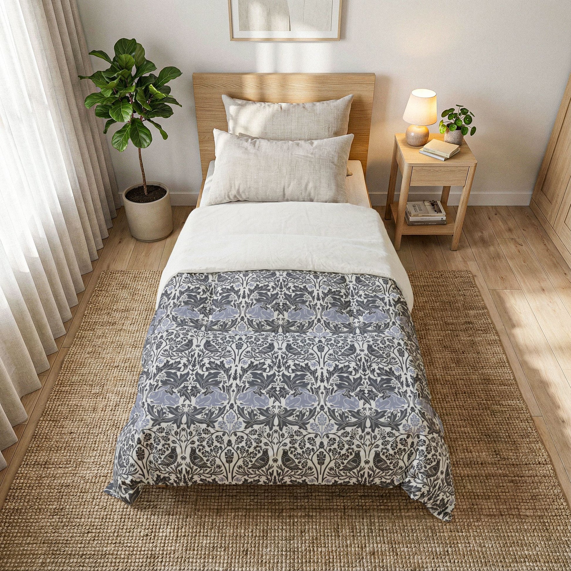 Bedroom with a bed featuring a floral patterned comforter, nightstand, and plants.