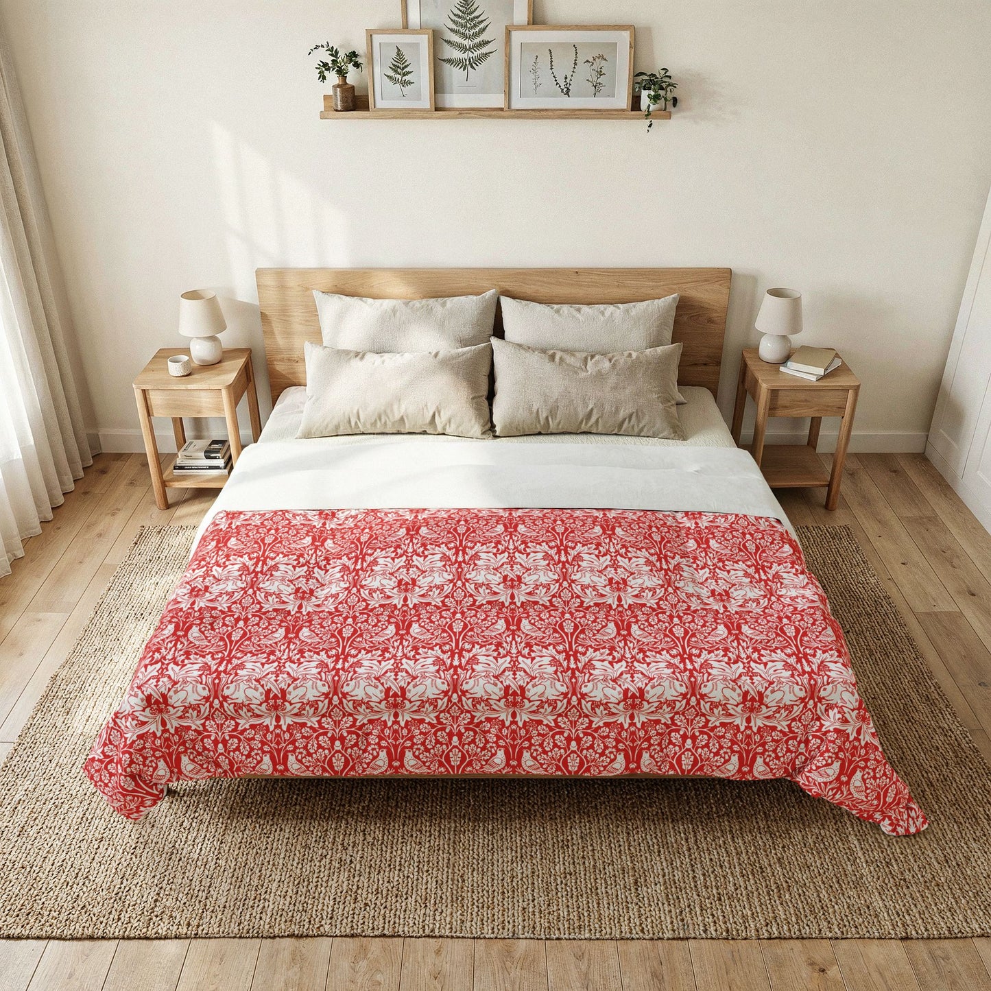 Bedroom with a bed featuring a red and white floral patterned comforter.