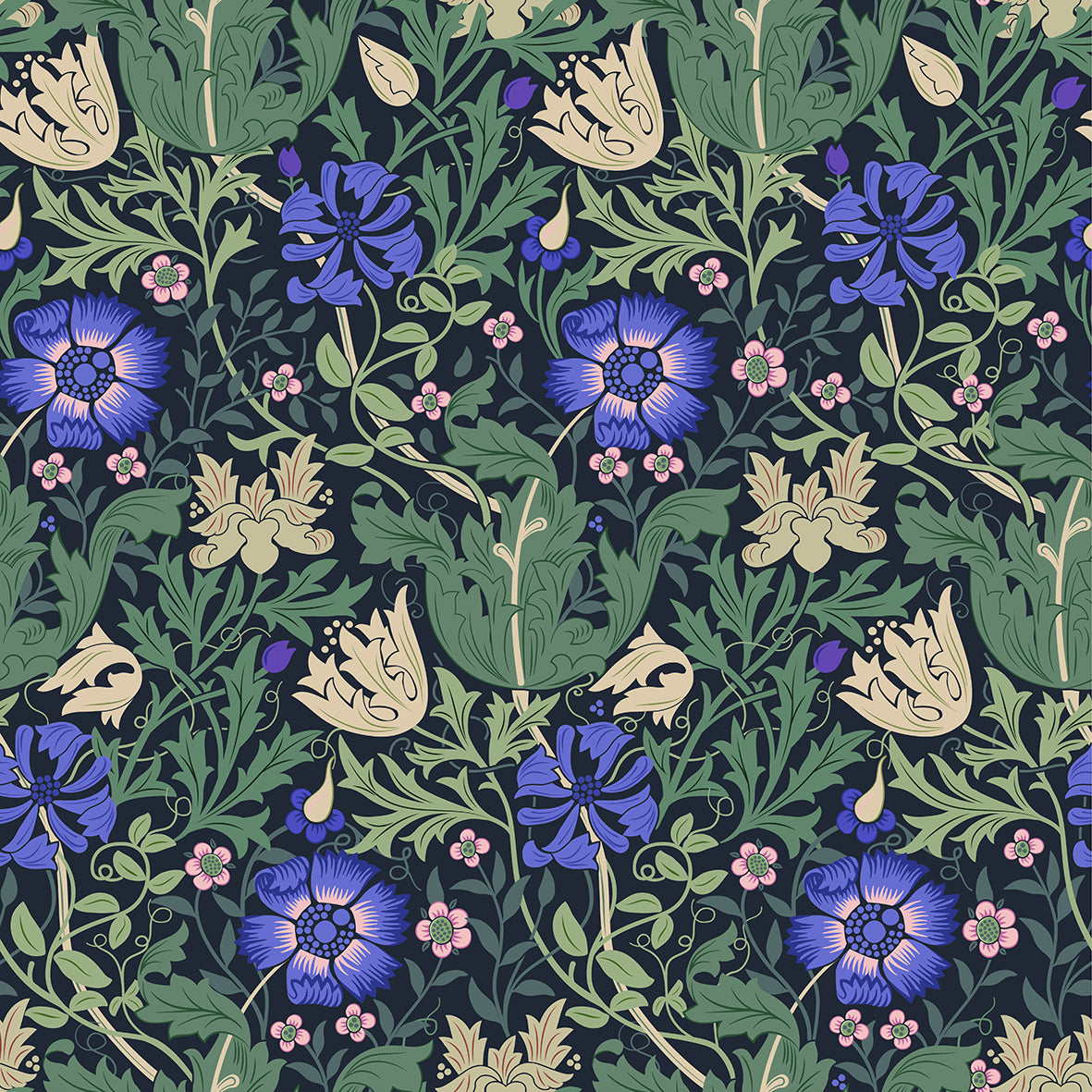 Pattern of blue flowers and green leaves on a dark background