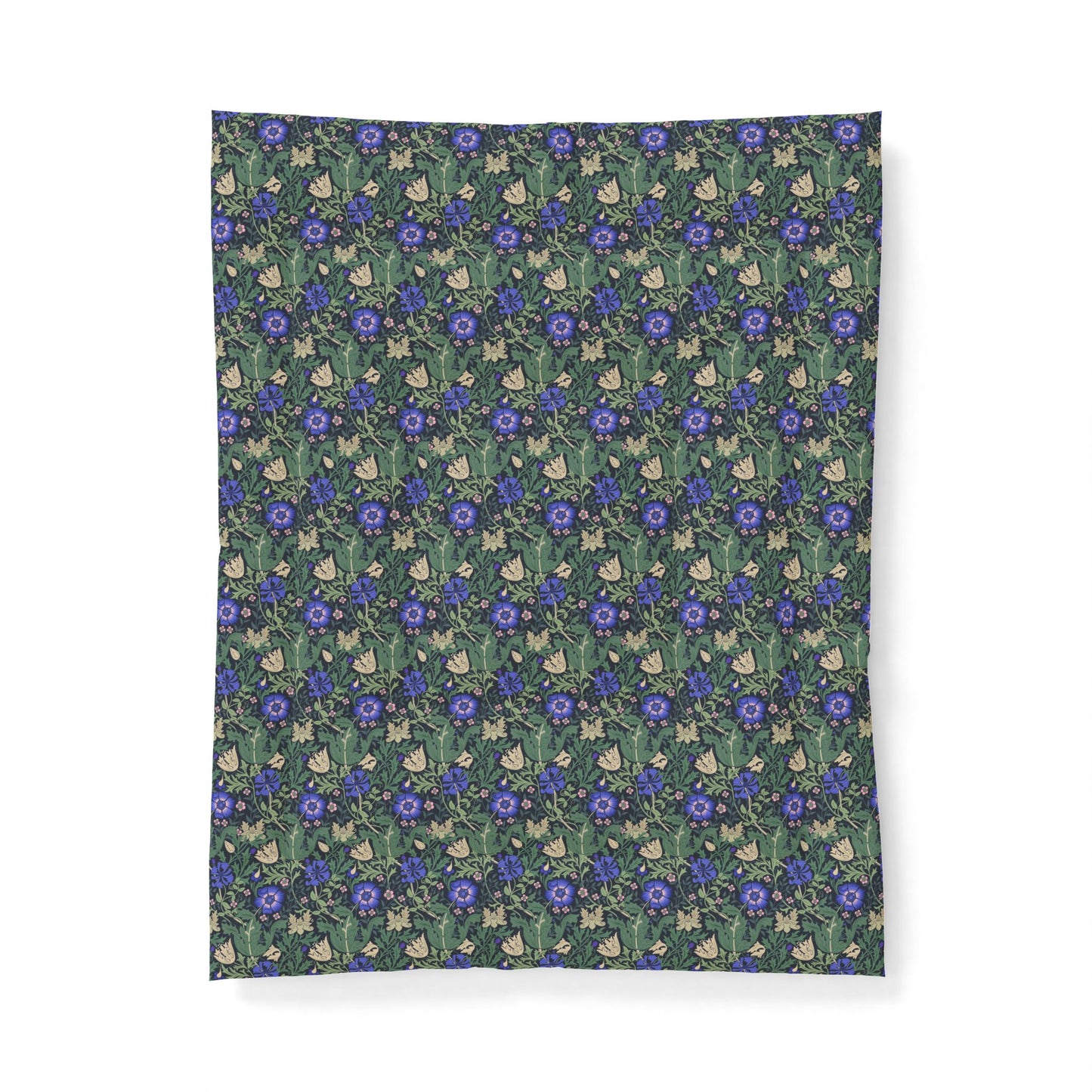 A rectangular fabric wall tapestry featuring a dense, repeating pattern of blue-purple flowers, green leaves, and small cream-colored rabbits, shown against a plain white background.