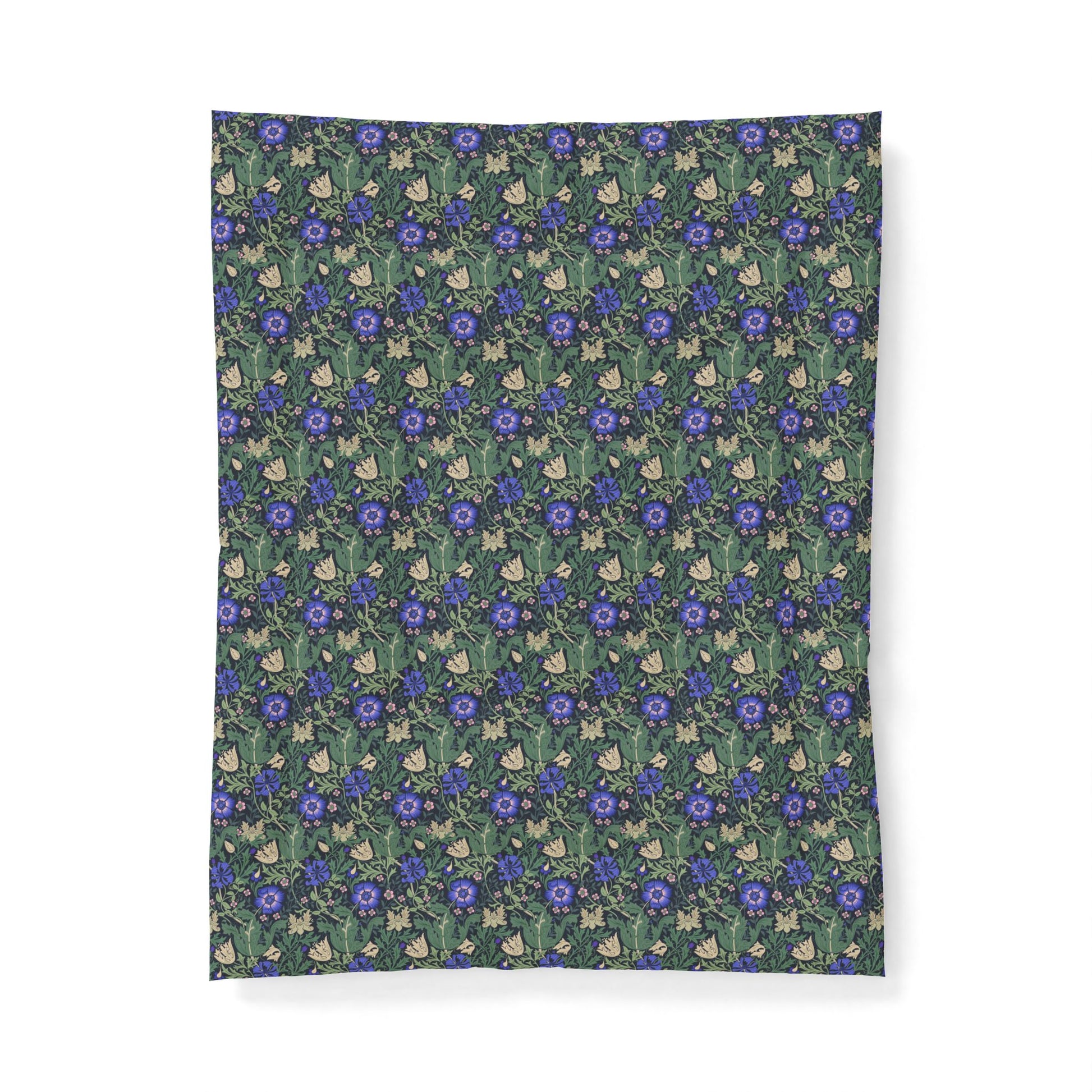 A rectangular fabric wall tapestry featuring a dense, repeating pattern of blue-purple flowers, green leaves, and small cream-colored rabbits, shown against a plain white background.