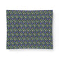 A square fabric or paper sheet featuring a dense repeating pattern of small purple flowers, green leaves, and cream-colored birds, displayed against a clean white background.