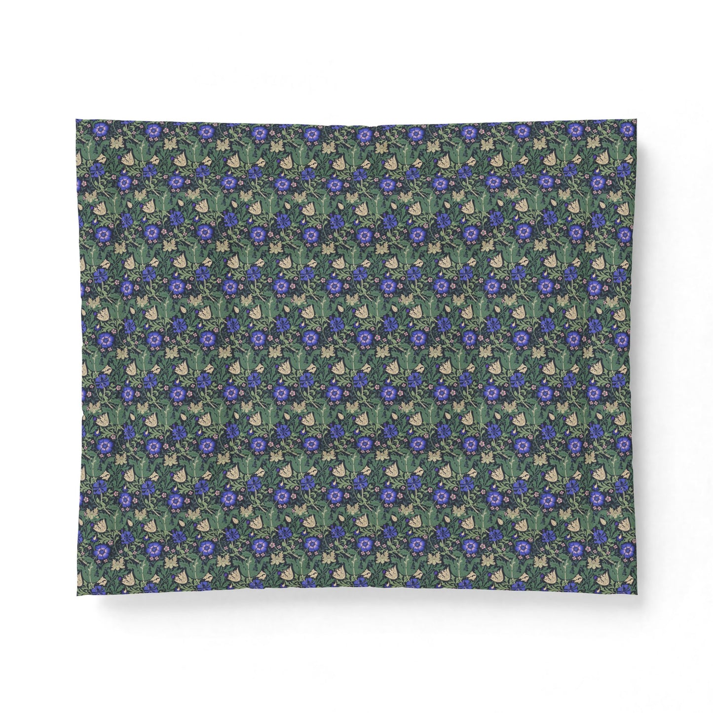 A square fabric or paper sheet featuring a dense repeating pattern of small purple flowers, green leaves, and cream-colored birds, displayed against a clean white background.