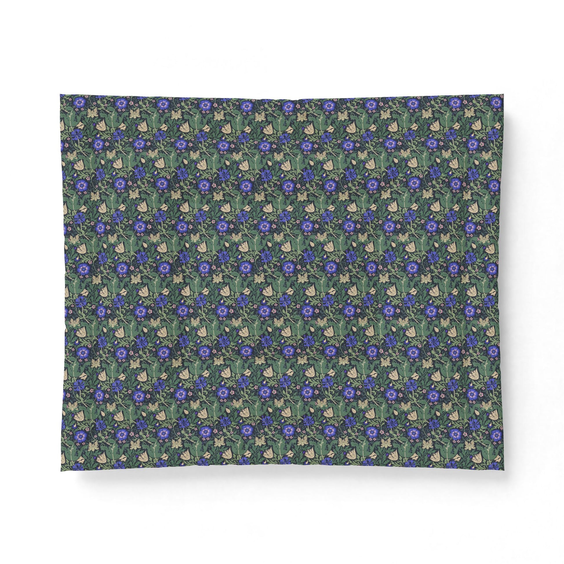 A square fabric or paper sheet featuring a dense repeating pattern of small purple flowers, green leaves, and cream-colored birds, displayed against a clean white background.
