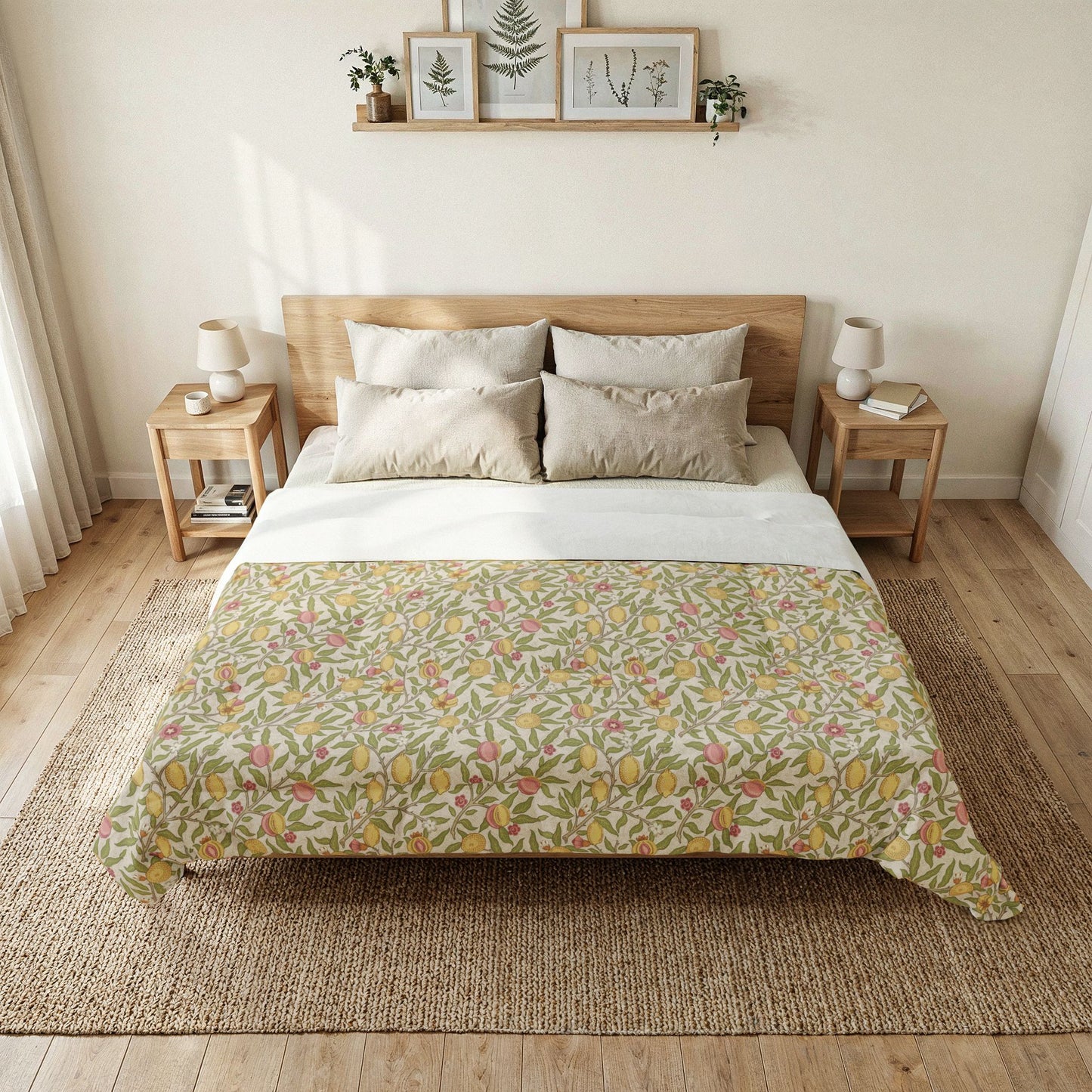 A neatly made bed in a bright, minimalist bedroom, featuring a cream and white duvet cover with a dense botanical pattern in yellow, green, and pink, styled with neutral beige pillows and flanked by wooden side tables.