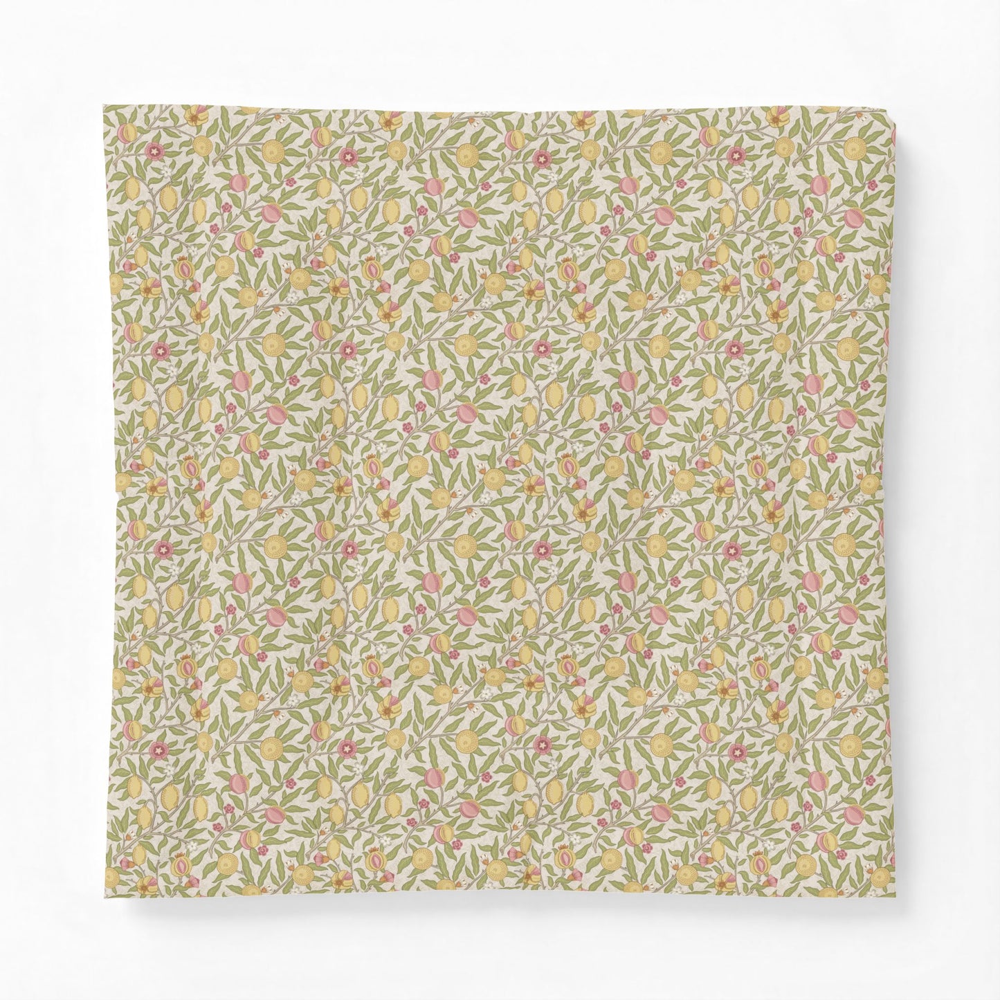 A square fabric or paper napkin featuring a dense, vintage-style floral and botanical pattern in muted yellow, pink, green, and beige tones, displayed flat against a clean white background.