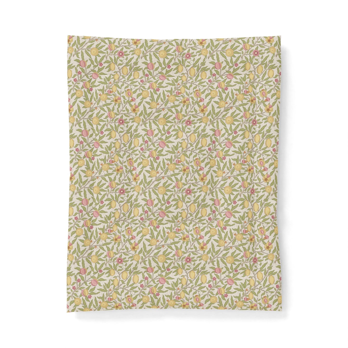 A rectangular fabric item, likely a tea towel or handkerchief, featuring a dense, vintage-style botanical pattern of yellow lemons, pink flowers, and green leaves on a warm cream background. The item is presented flat against a clean white background with a subtle drop shadow.
