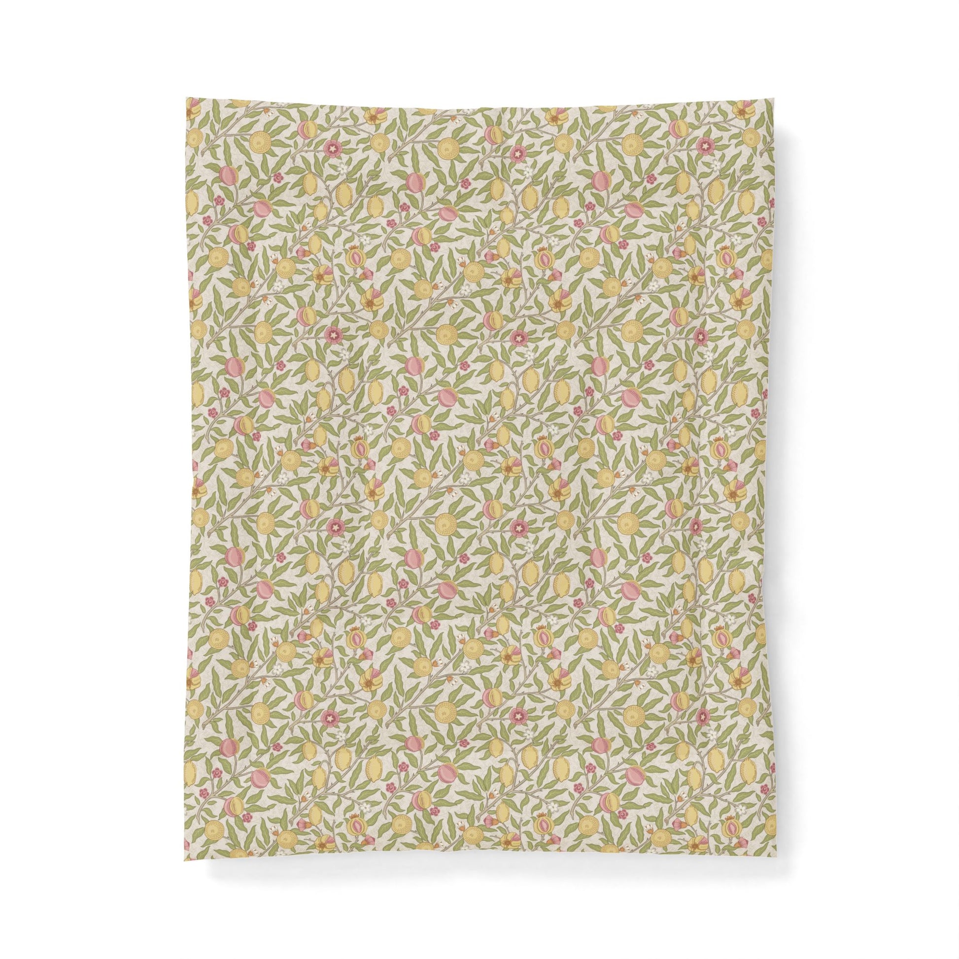 A rectangular fabric item, likely a tea towel or handkerchief, featuring a dense, vintage-style botanical pattern of yellow lemons, pink flowers, and green leaves on a warm cream background. The item is presented flat against a clean white background with a subtle drop shadow.
