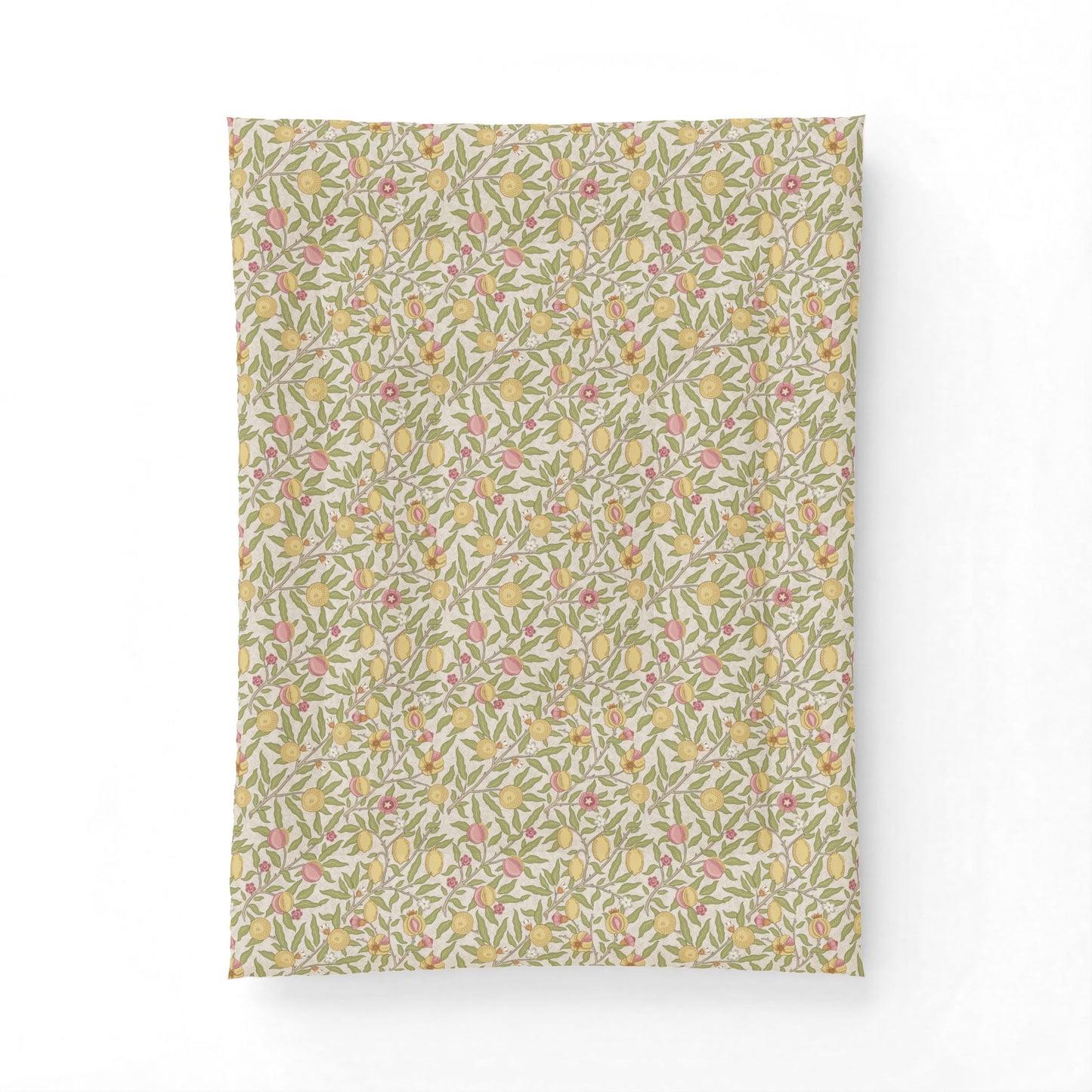 A rectangular fabric item, likely a pillowcase or small blanket, featuring a dense, all-over botanical pattern of yellow flowers and green leaves on a light beige background, shown against a plain white backdrop.